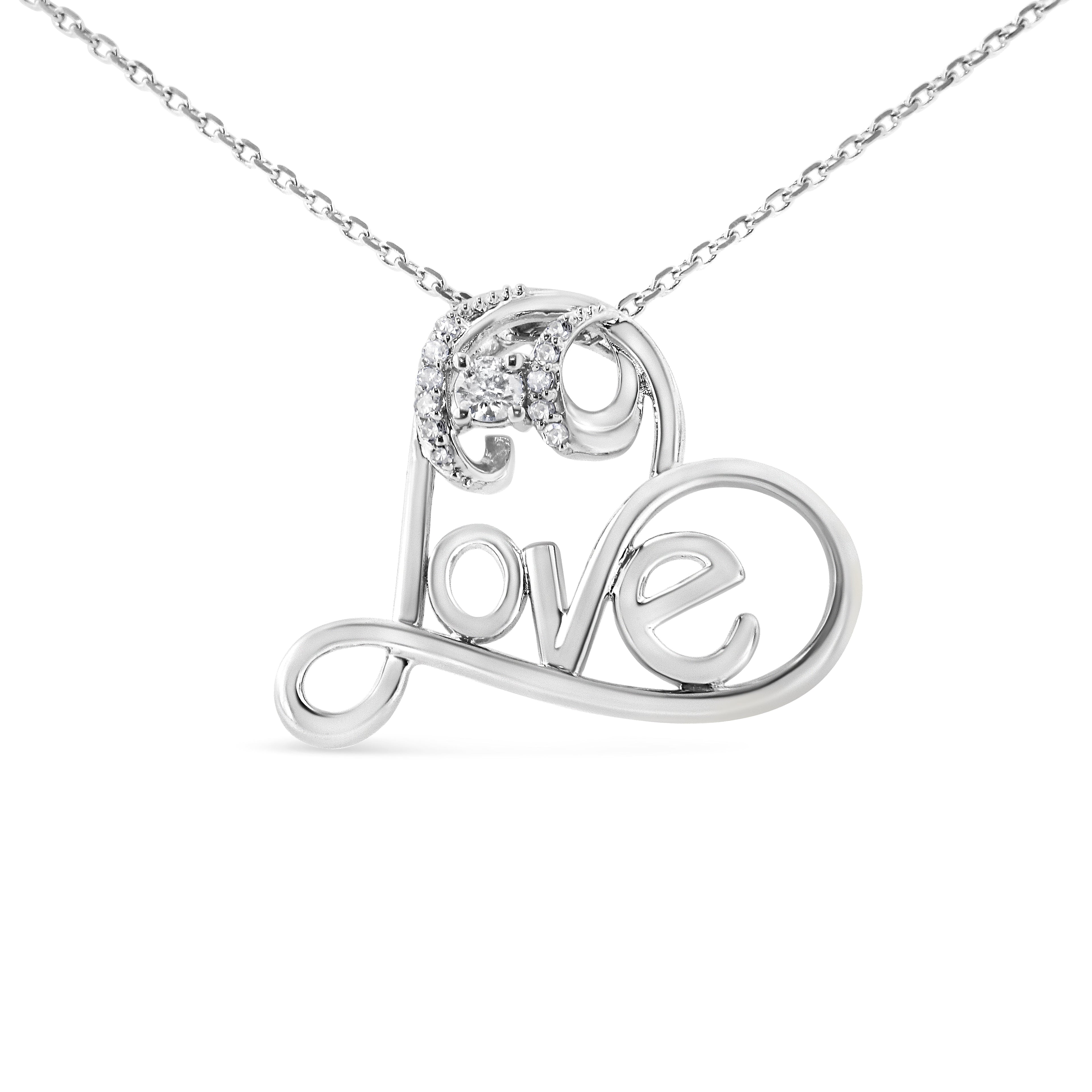 .925 Sterling Silver 1/10 Cttw Round Brilliant-Cut Diamond Accented Open Heart with Love 18" Pendant Necklace (H-I Color, I1-I2 Clarity) by Bids.com