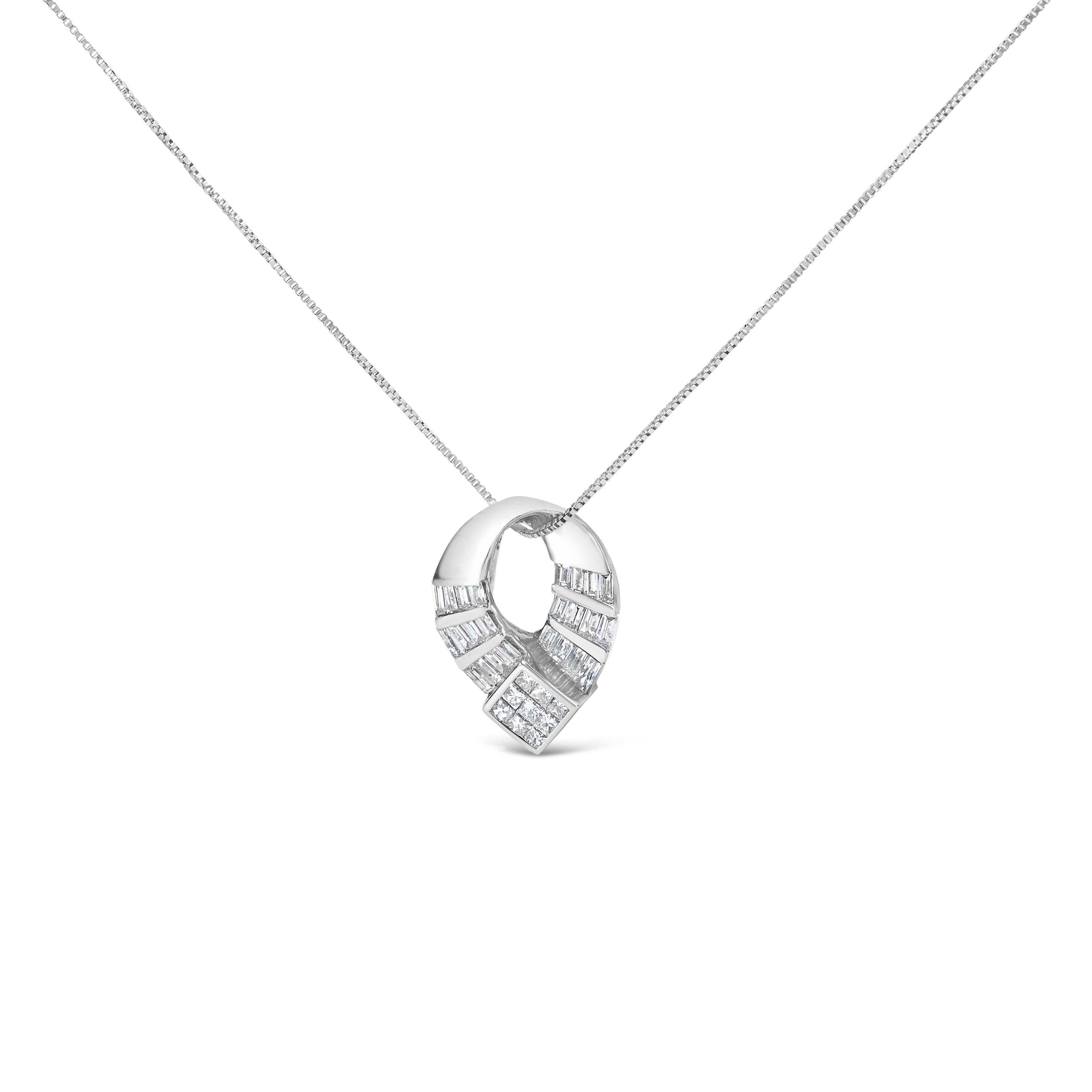 14k White Gold 1 5/8 Cttw Invisible Set Princess and Channel Set Baguette Diamond Curved Oval Shape Pendant Necklace (G-H Color, VS2-SI1 Clarity) by Bids.com