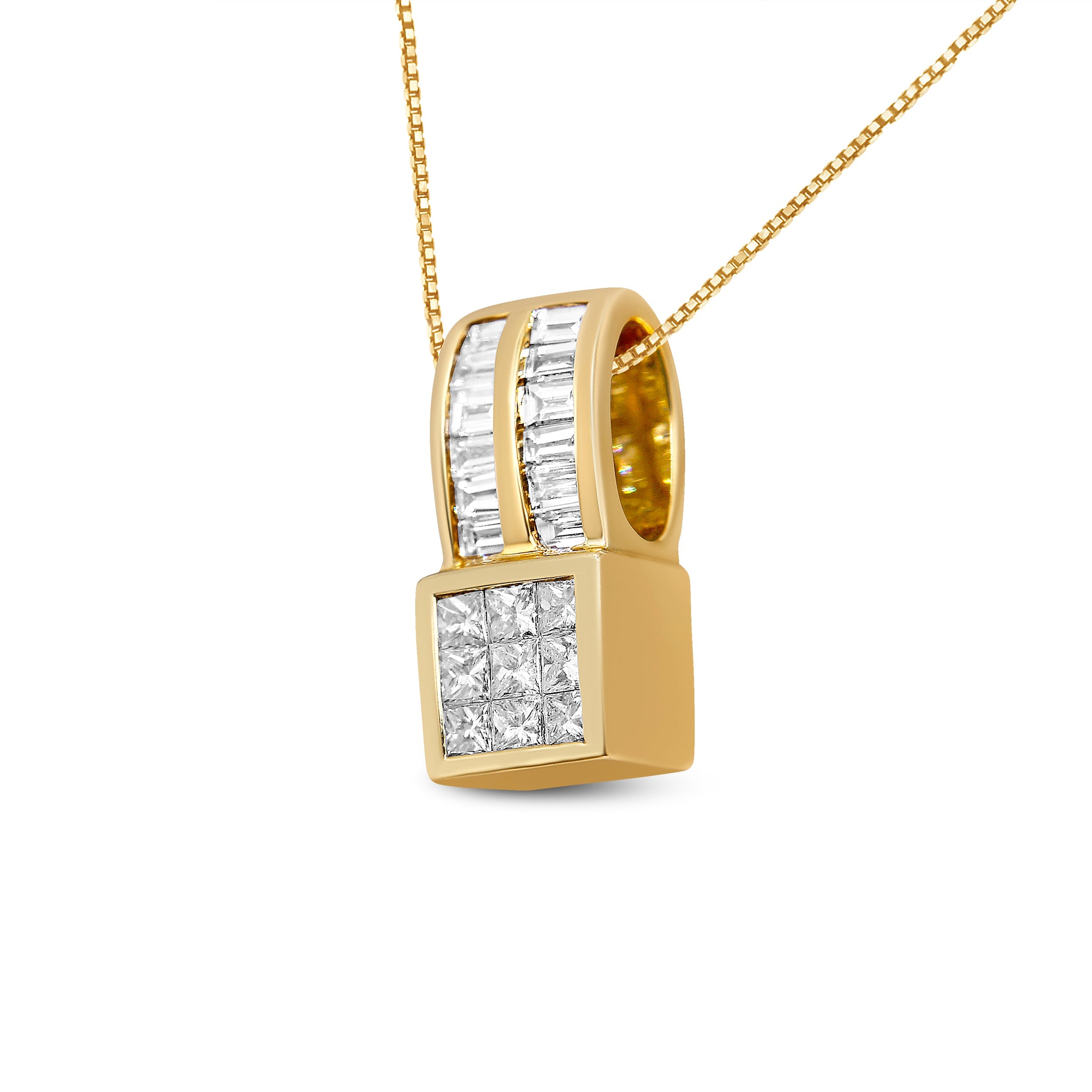 14K Yellow Gold 1 1/4 cttw Princess and Baguette Cut Geometric Inspired Diamond Pendant Necklace (H-I, VS1-VS2) by Bids.com