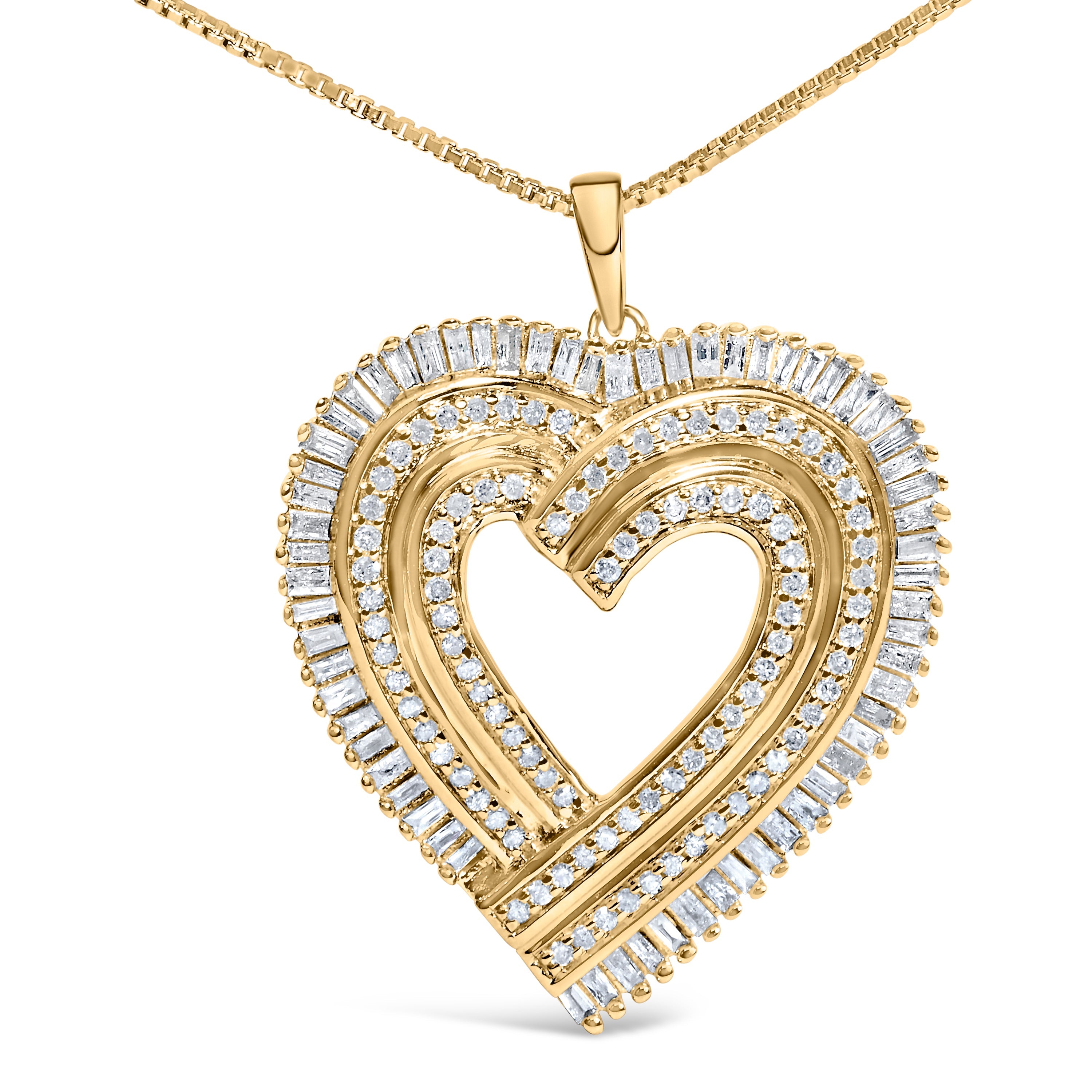 14K Yellow Gold Plated .925 Sterling Silver 1/4 Cttw Round and Baguette-Cut Diamond Composite Heart 18" Pendant Necklace (H-I Color, SI2-I1 Clarity) by Bids.com