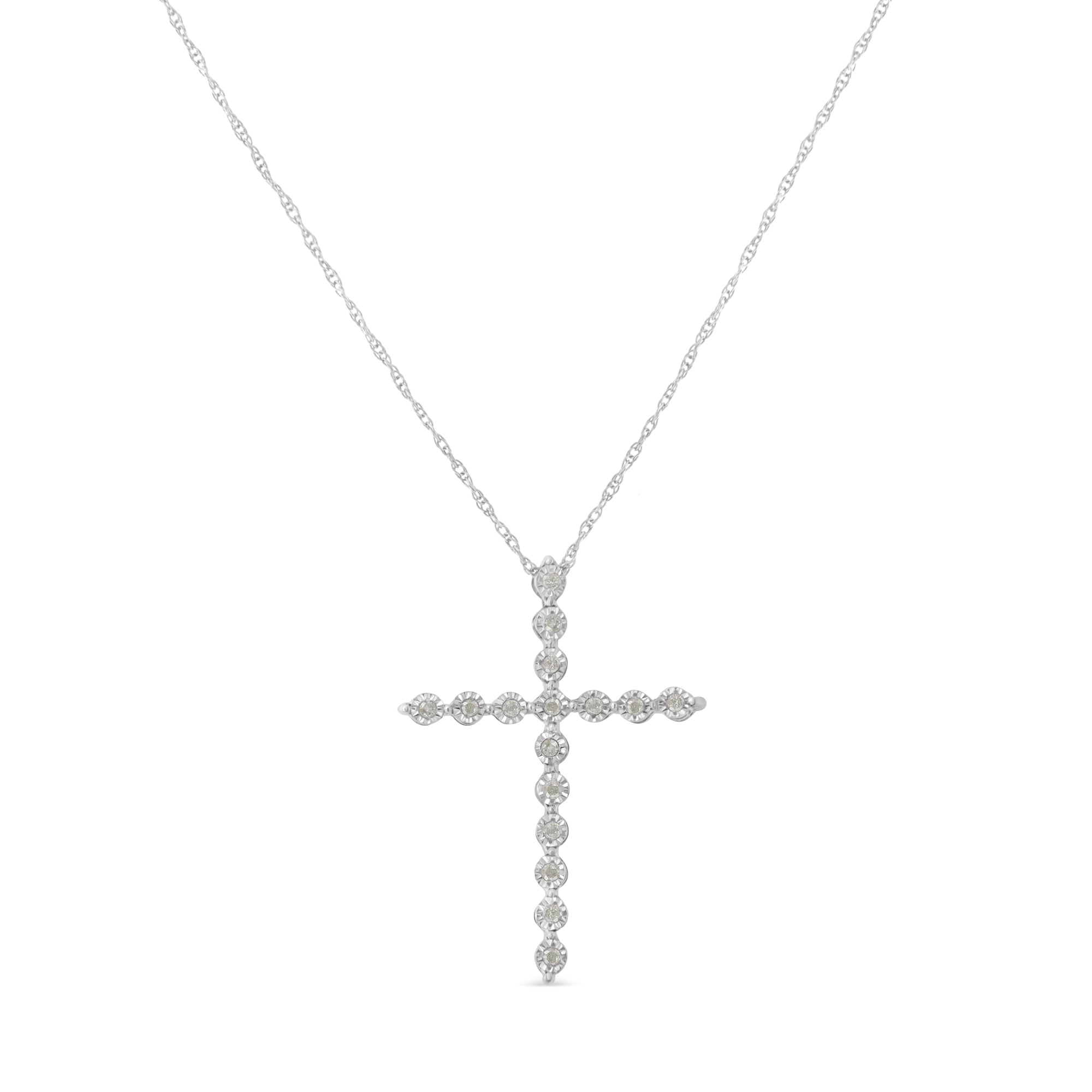 .925 Sterling Silver 1/6 Cttw Brilliant-Cut Diamond Miracle-Set Shared Prong Cross 18" Pendant Necklace (I-J Color, I2-I3 Clarity) by Bids.com