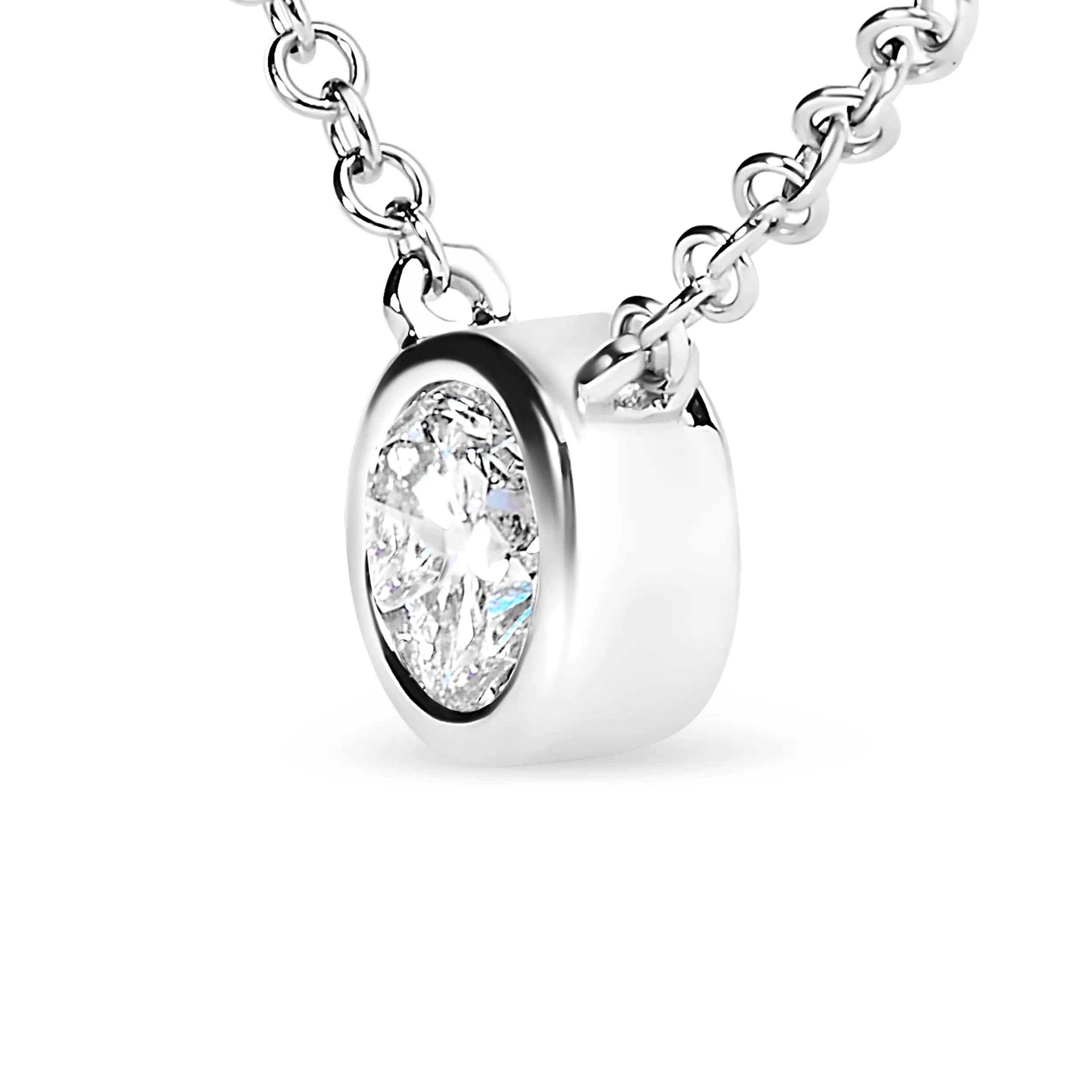 AGS Certified 10K White Gold 1/5 Cttw Bezel Set Round Diamond Solitaire 16-18" Adjustable Pendant Necklace (H-I Color, SI1-SI2 Clarity)