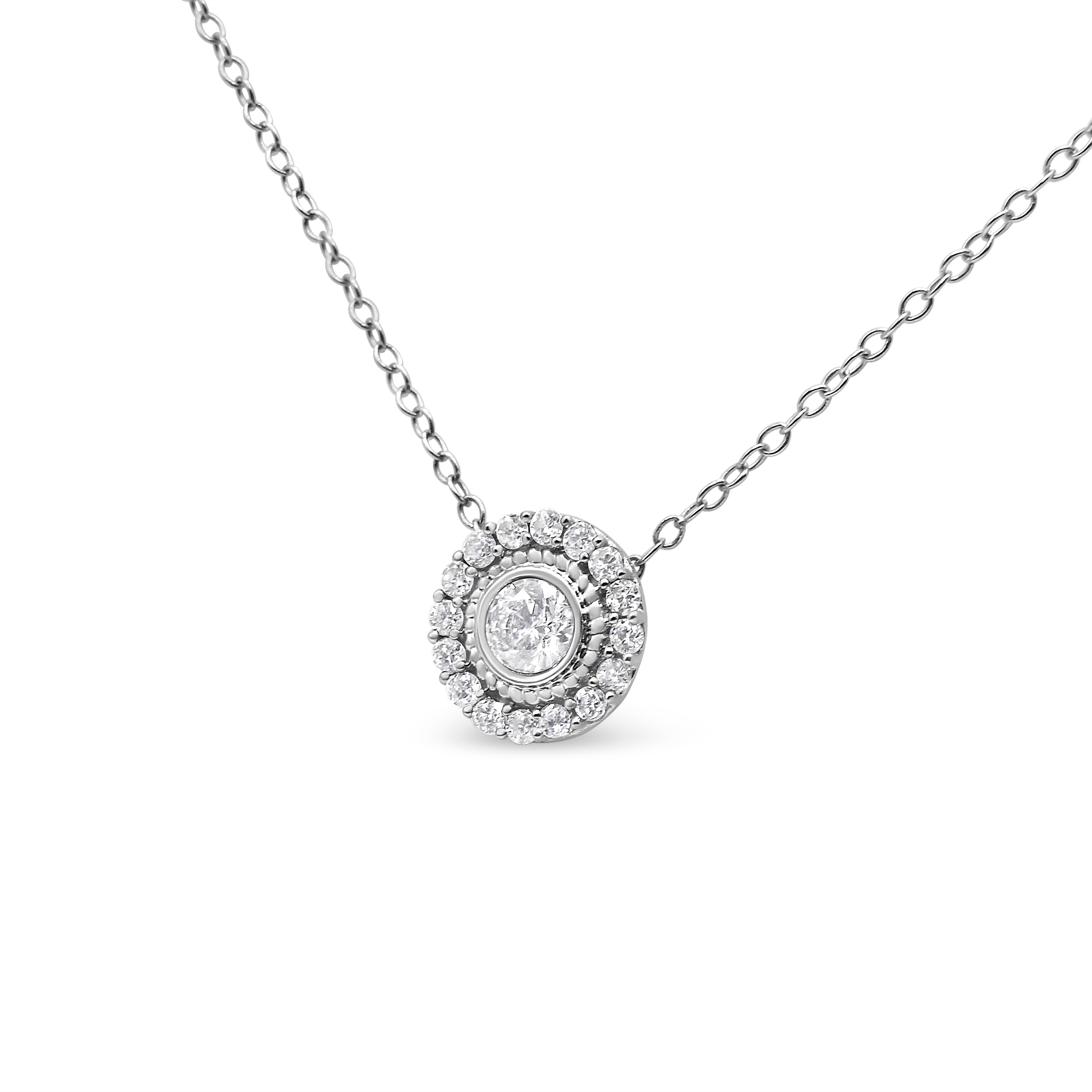 .925 Sterling Silver 1/2 Cttw Round Diamond Halo Circle Pendant 18" Necklace (I-J Color, I2-I3 Clarity) by Bids.com