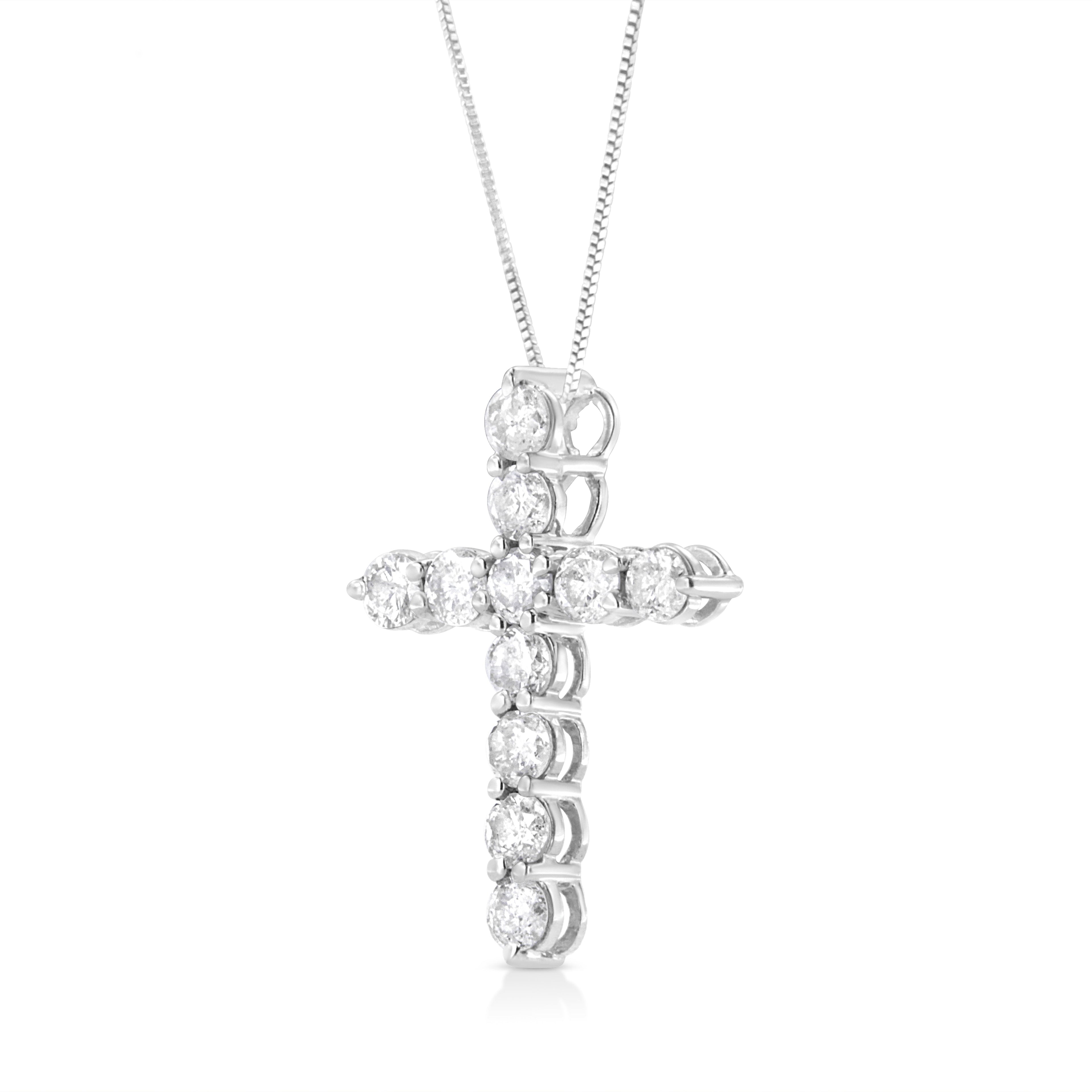 .925 Sterling Silver 1.0 Cttw Prong Set Round-Cut Diamond Cross 18" Pendant Necklace (I-J Color, I2-I3 Clarity) DestGlow