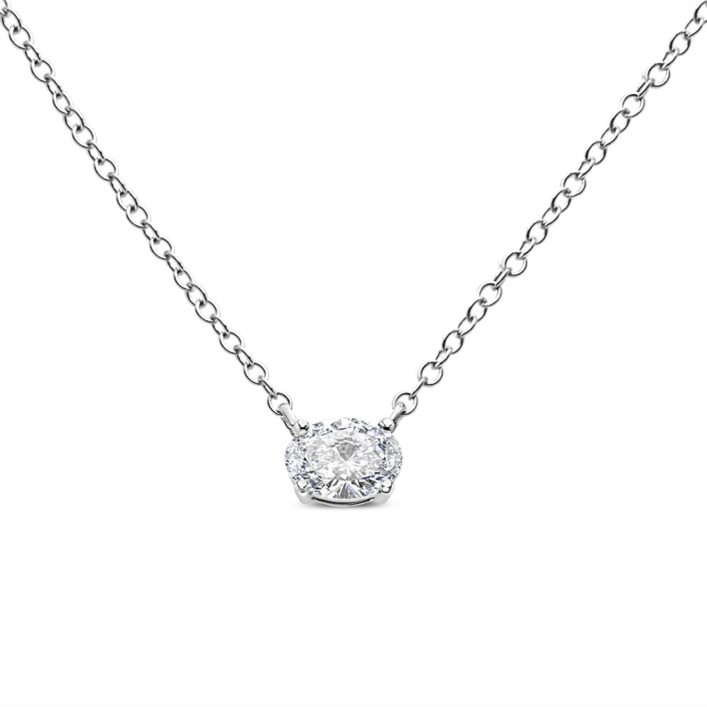 14K White Gold 1/2 Cttw Lab Grown Oval Shape Solitaire Diamond East West 18" Pendant Necklace (E-F Color, VS1-VS2 Clarity) DestGlow