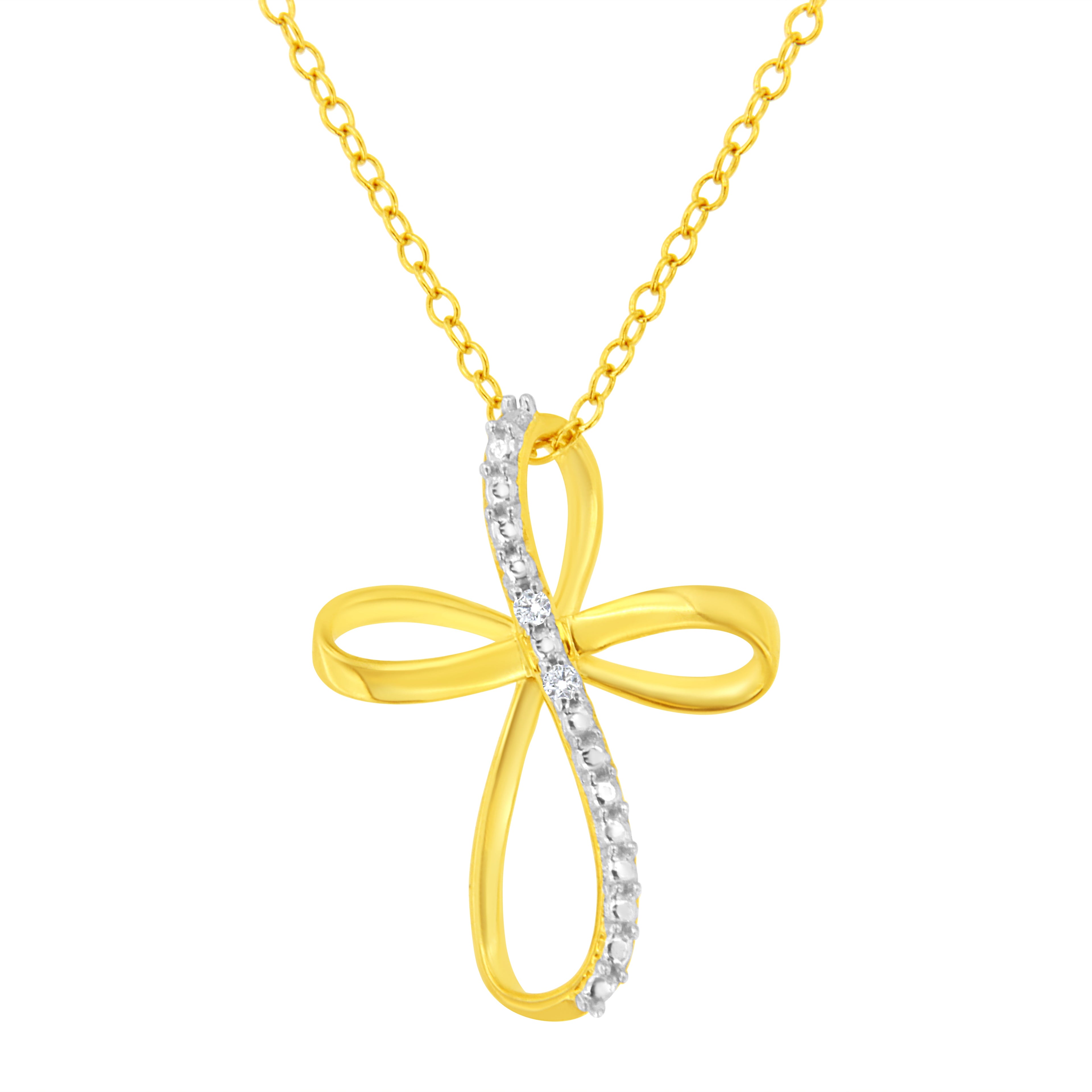 10K Yellow Gold Plated .925 Sterling Silver Diamond Accent Cross Ribbon 18" Pendant Necklace (I-J Color, I2-I3 Clarity) by Bids.com