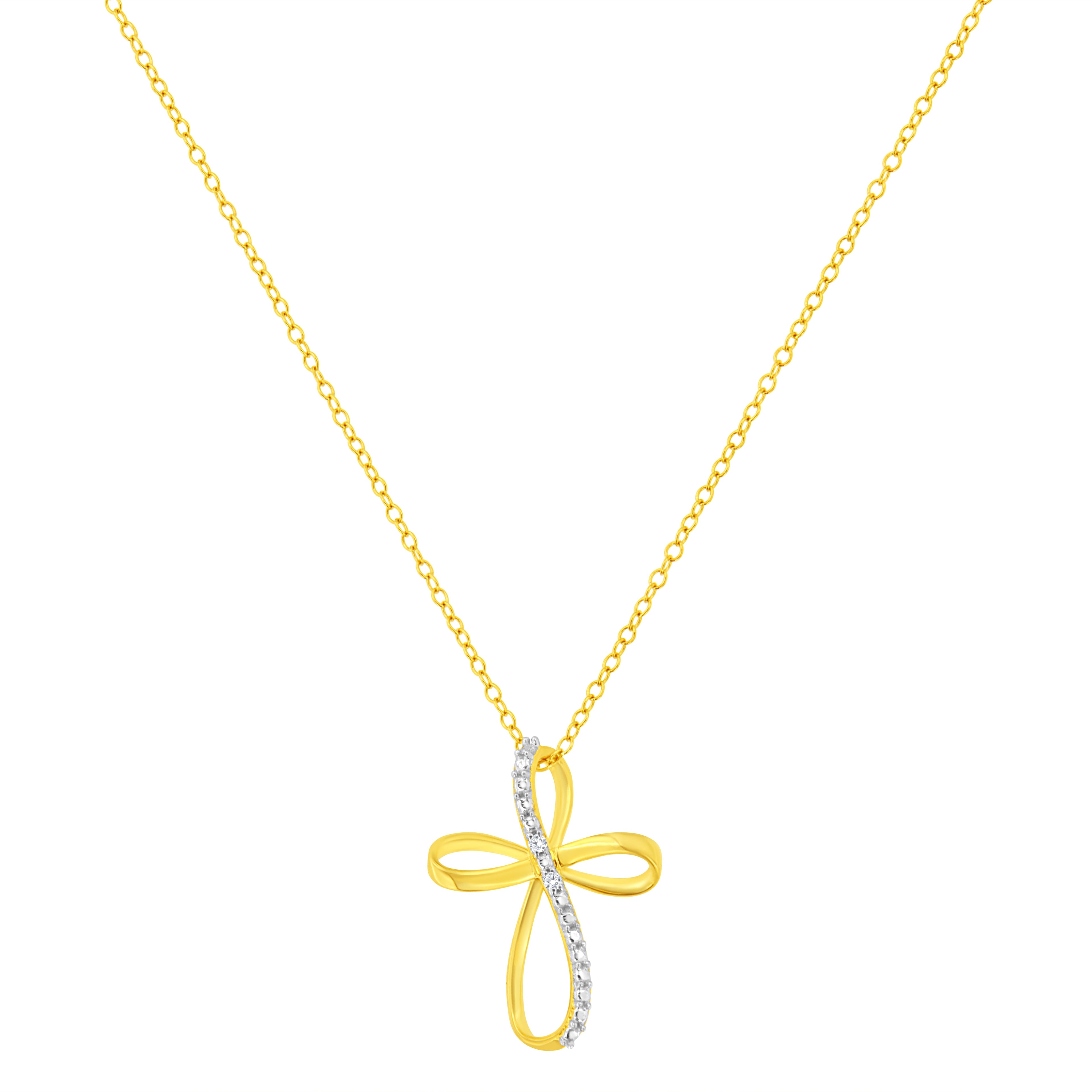 10K Yellow Gold Plated .925 Sterling Silver Diamond Accent Cross Ribbon 18" Pendant Necklace (I-J Color, I2-I3 Clarity) by Bids.com