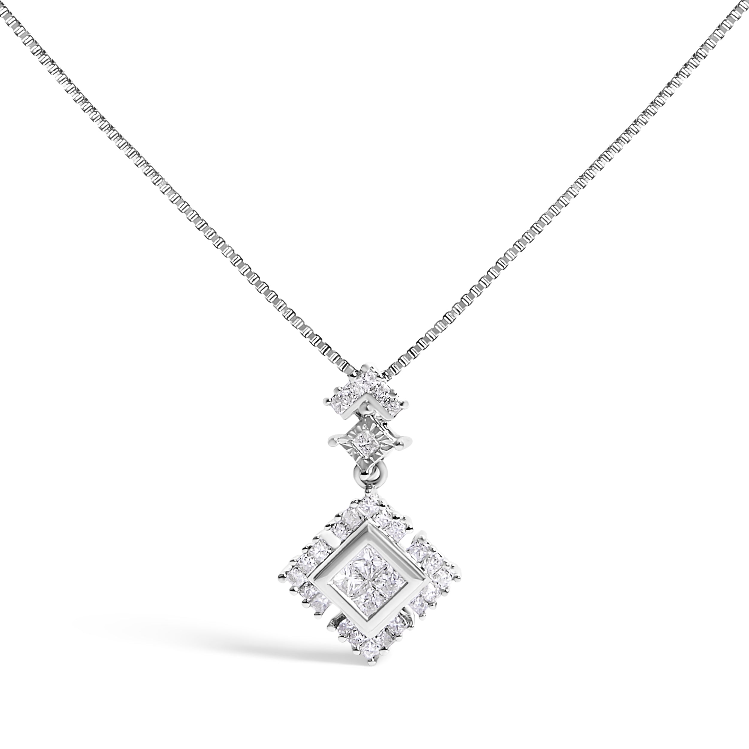 10K White Gold 1/2 Cttw Princess Cut Rhombus Drop Pendant Necklace DestGlow