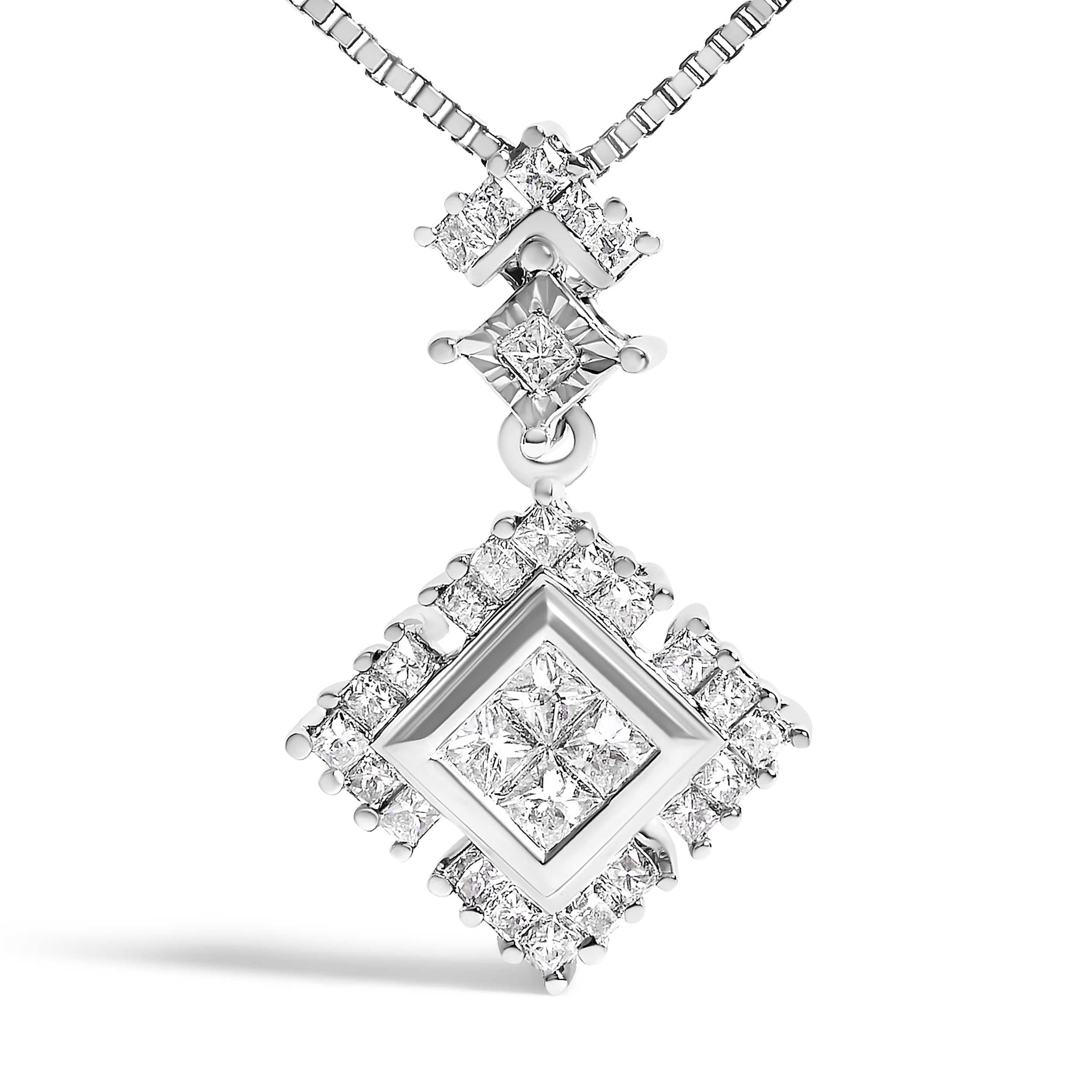 10K White Gold 1/2 Cttw Princess Cut Rhombus Drop Pendant Necklace DestGlow
