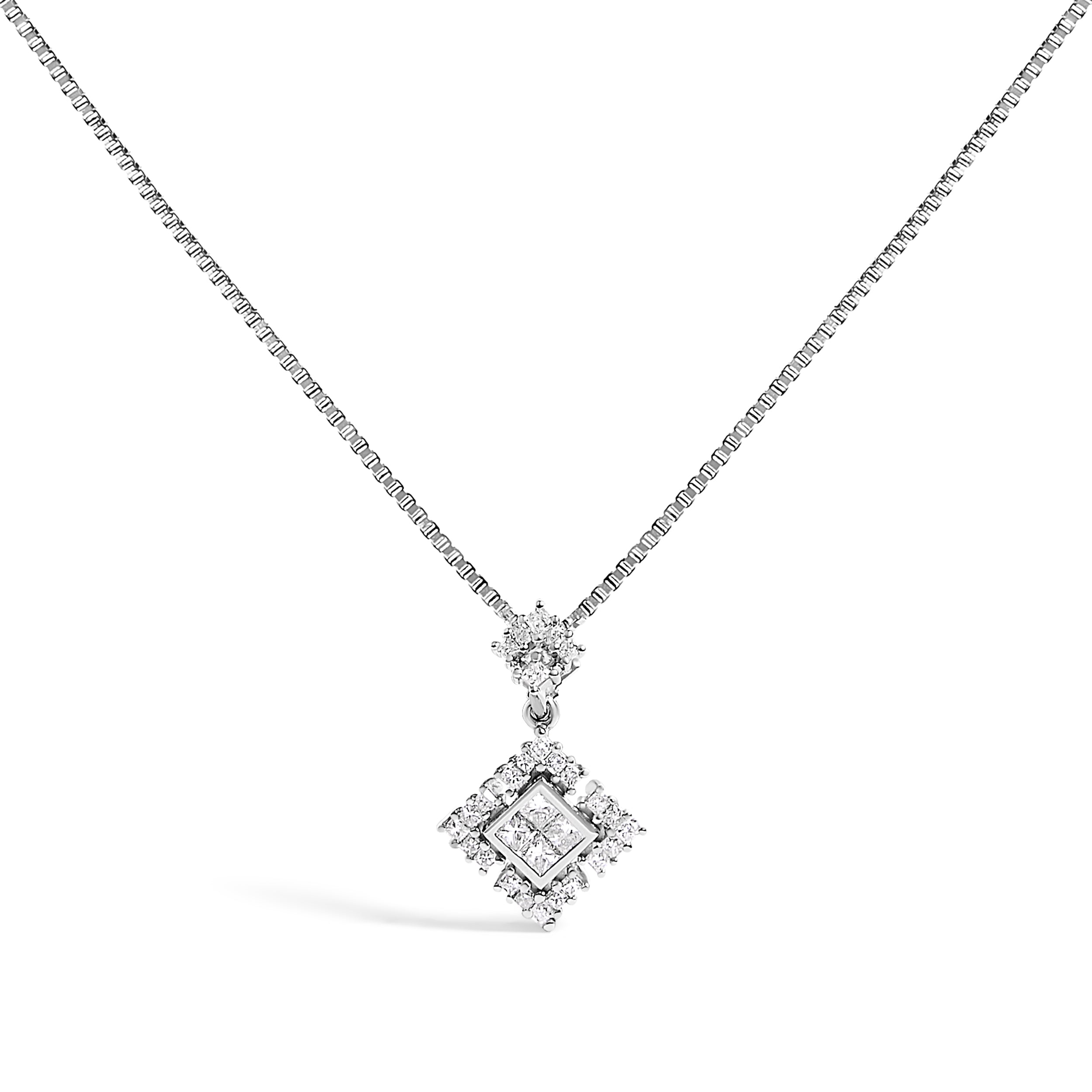 10K White Gold Princess Cut Diamond Geometric Pendant Necklace DestGlow