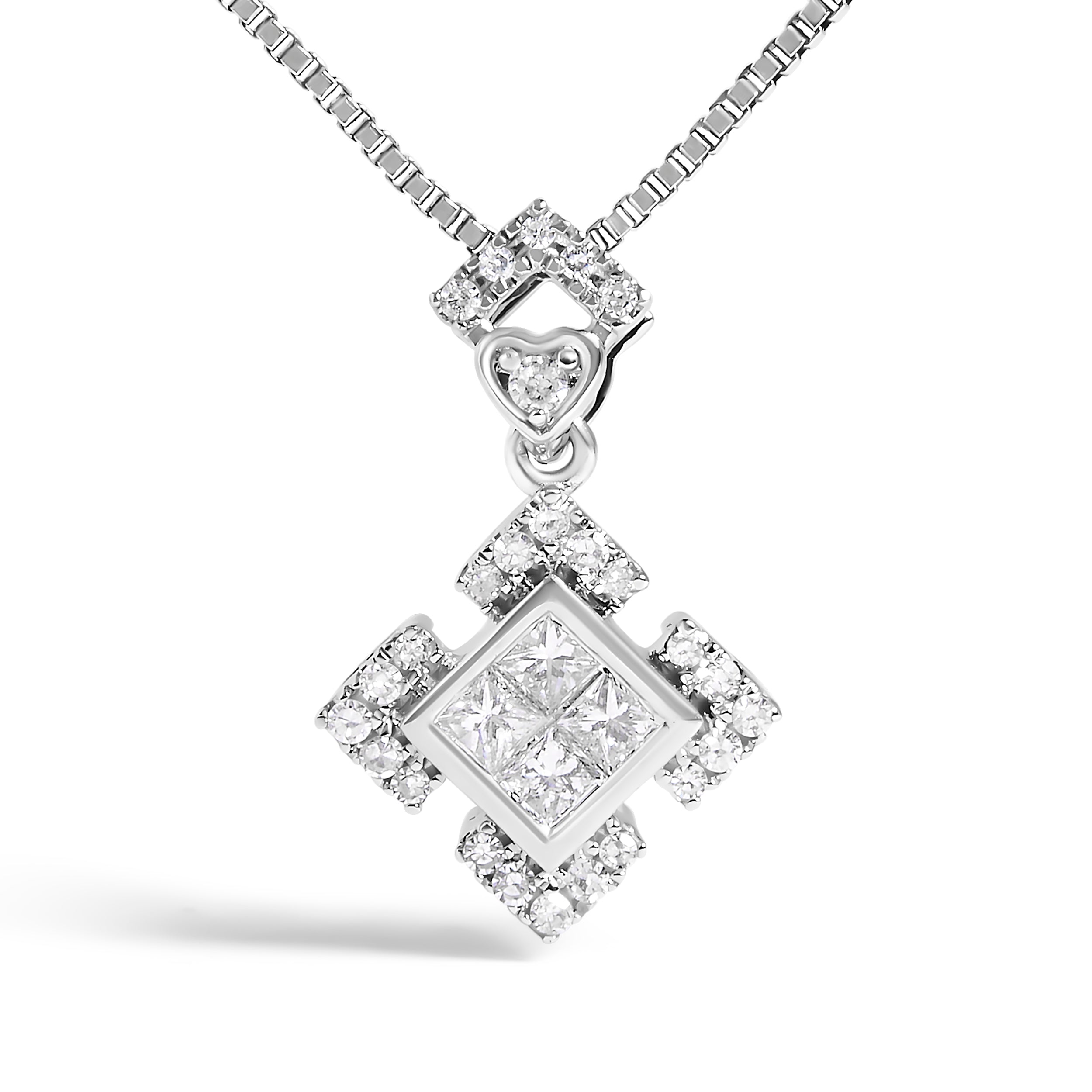 10K White Gold 1/5 Cttw Diamond Geometric Design Pendant Necklace DestGlow
