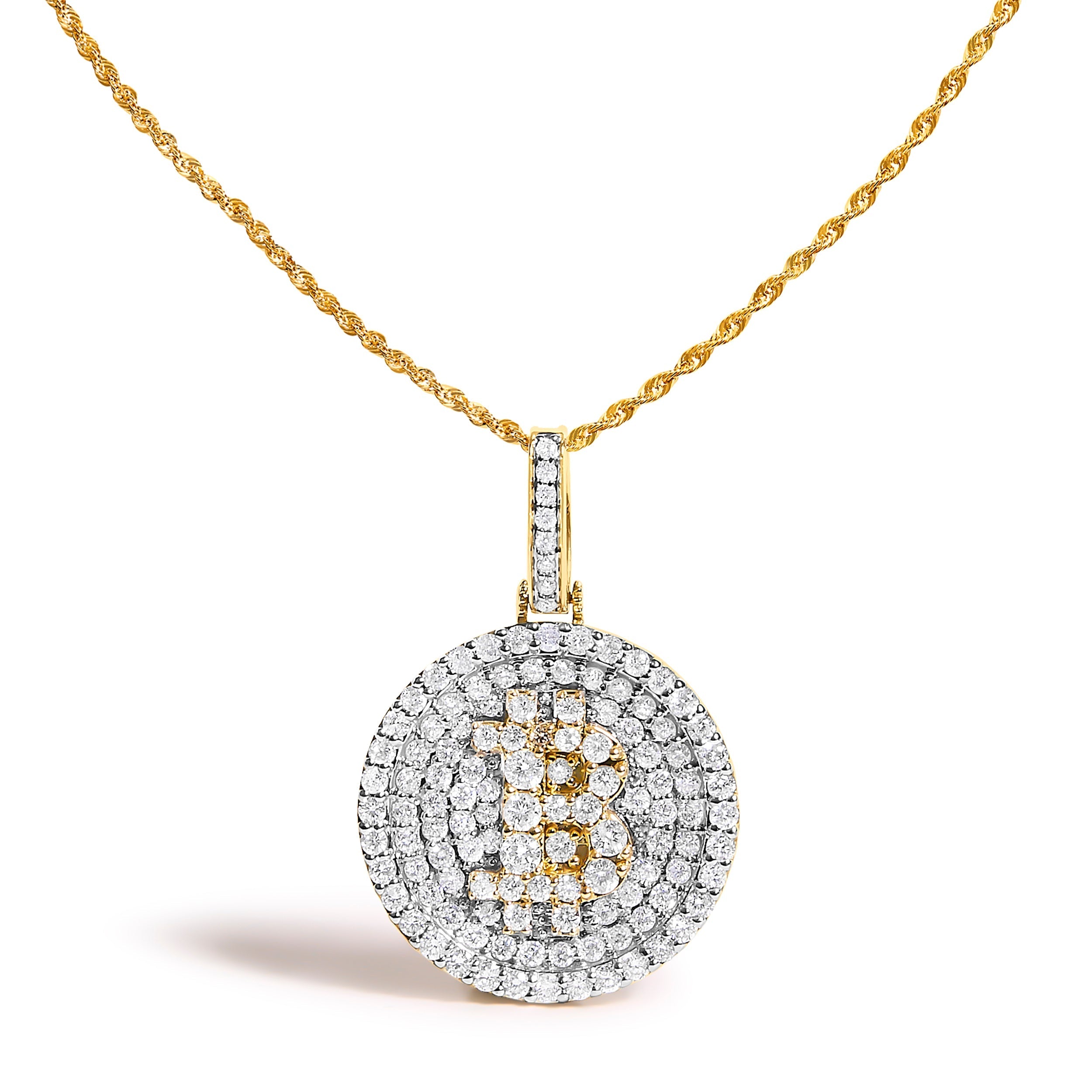 10K Yellow Gold 2-1/3 Cttw Diamond Bitcoin Letter B Pendant Necklace DestGlow