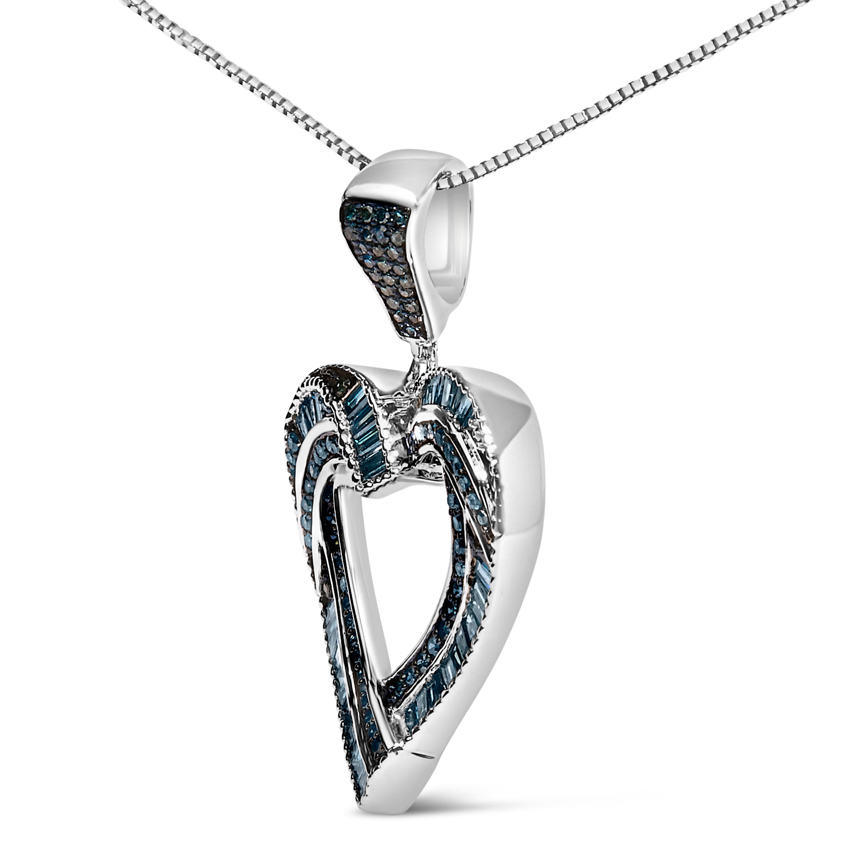 .925 Sterling Silver 1.00 Cttw Baguette and Round Blue Diamond Open Heart Pendant Necklace DestGlow