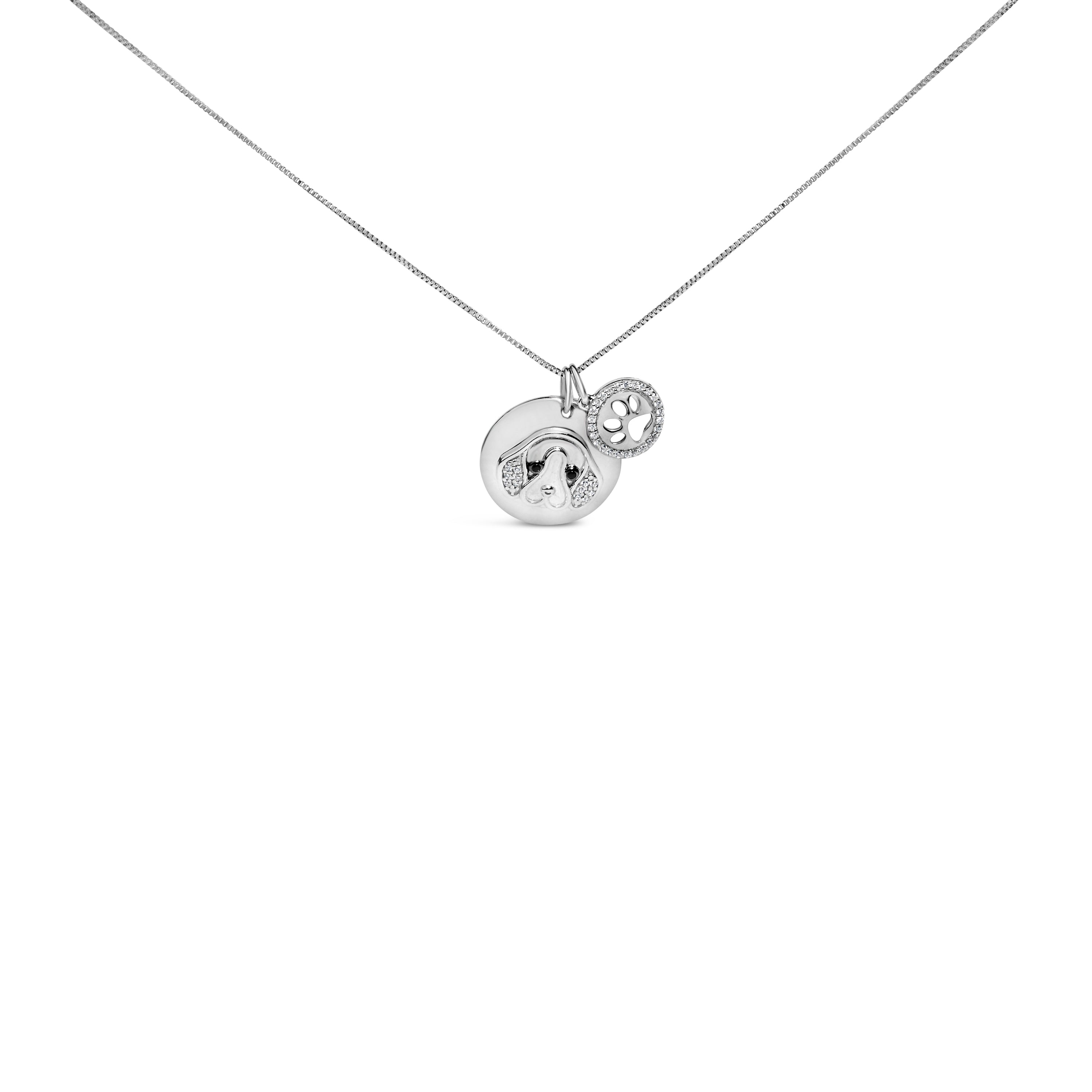 .925 Sterling Silver 1/5 Cttw White and Black Diamond Beagle Dog Medallion and Charm 18" Pendant Necklace (I-J Color, I2-I3 Clarity) DestGlow