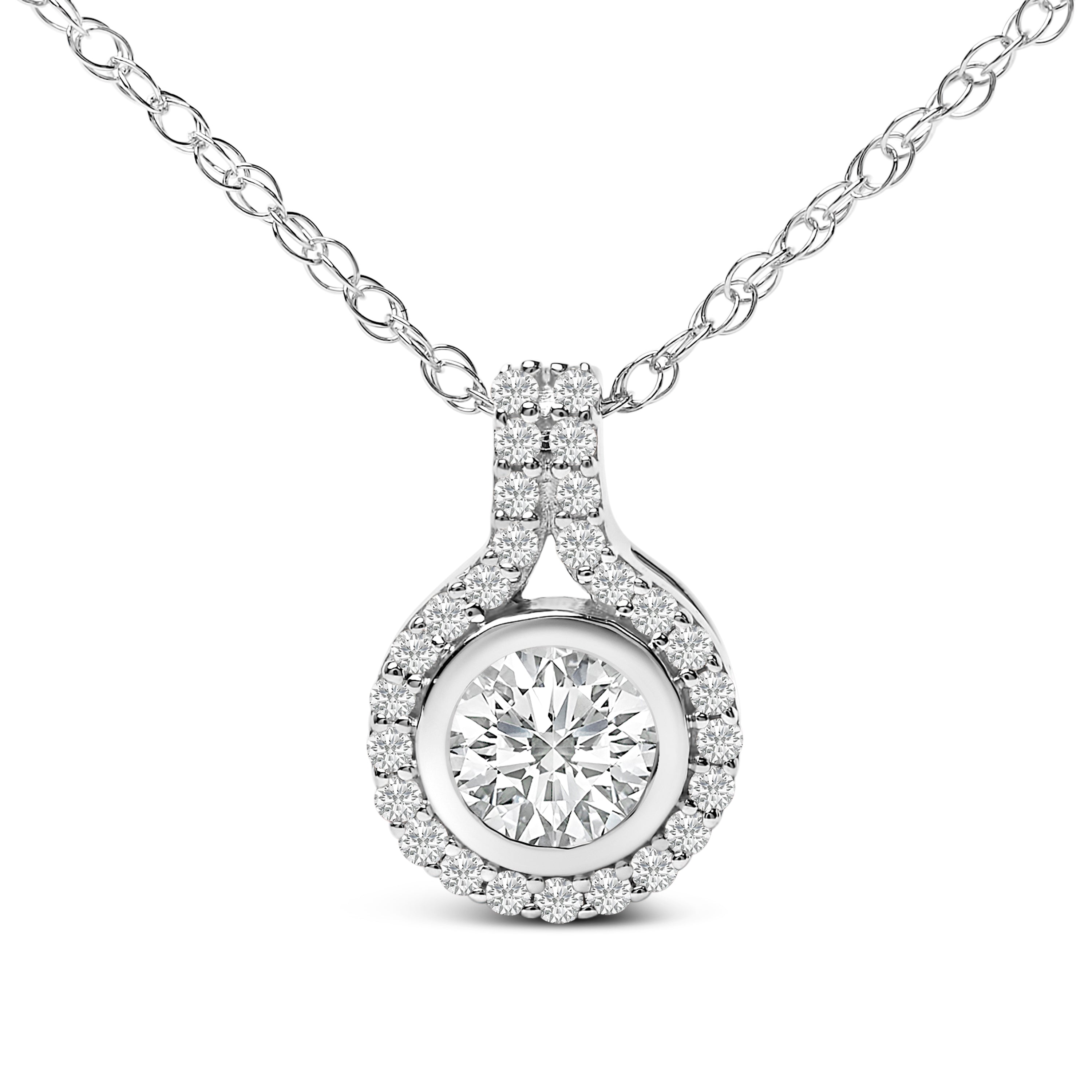 Sterling Silver 3/4 Cttw Lab Grown Diamond Halo Pendant Necklace by Bids.com