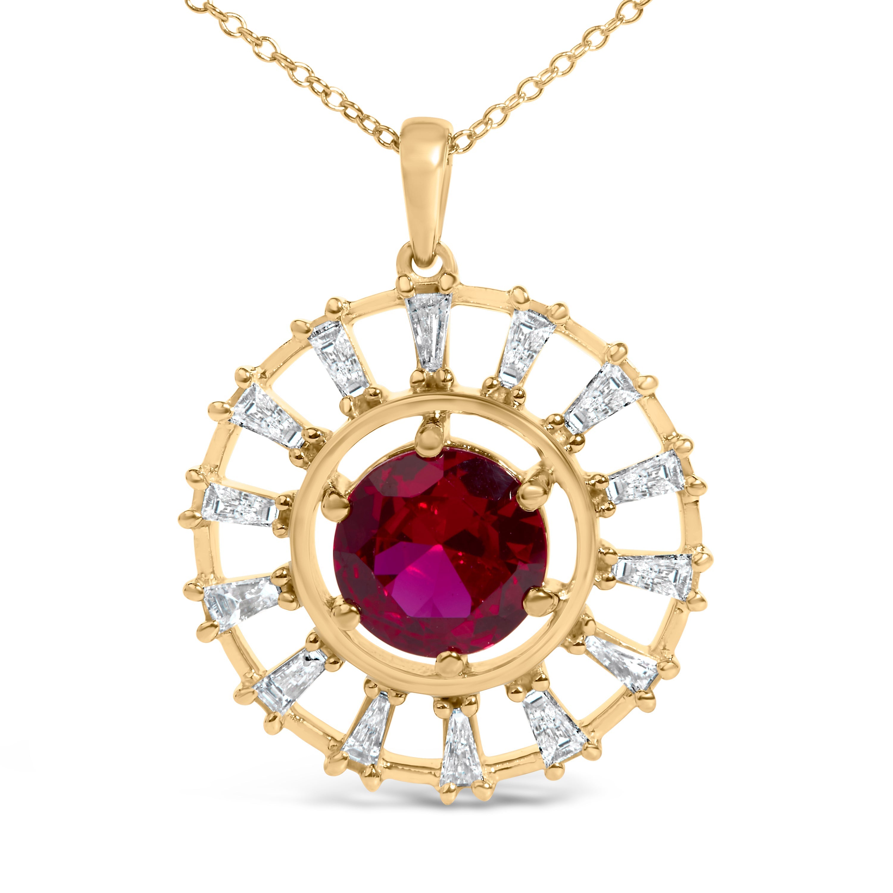 14K Yellow Gold Plated Silver Lab Grown Ruby and 5/8 Cttw Baguette Diamond Medallion Pendant Necklace DestGlow