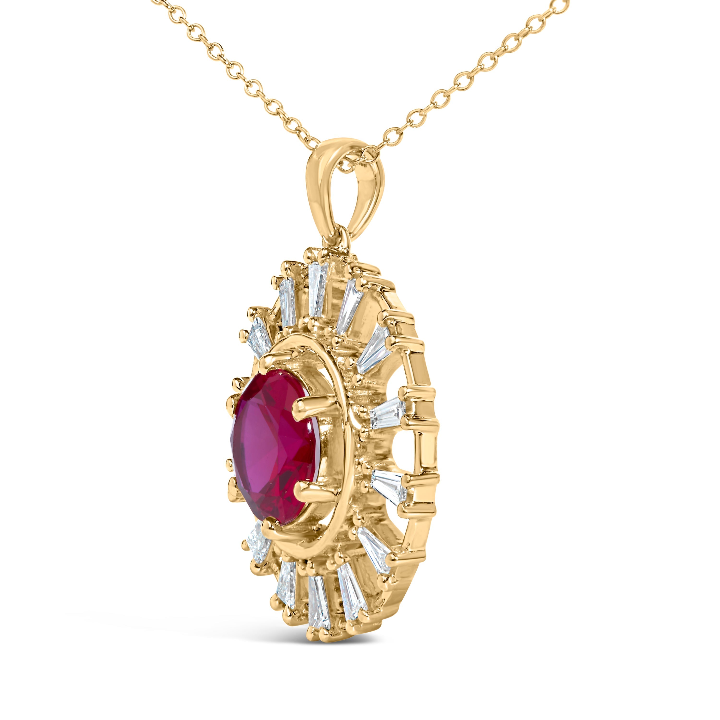14K Yellow Gold Plated Silver Lab Grown Ruby and 5/8 Cttw Baguette Diamond Medallion Pendant Necklace DestGlow