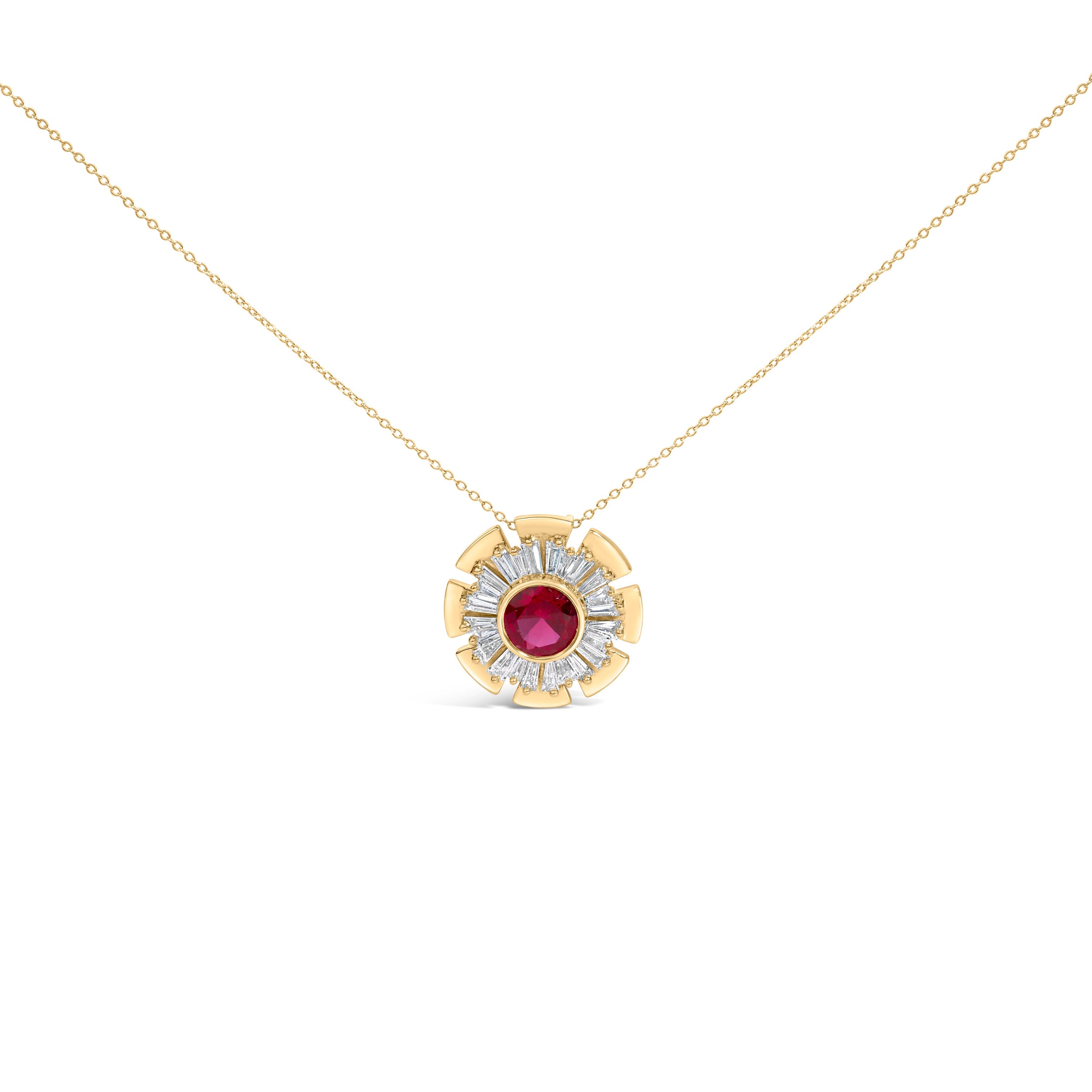 14K Yellow Gold Plated Silver Created Red Ruby and Diamond Baguette Medallion Pendant Necklace DestGlow