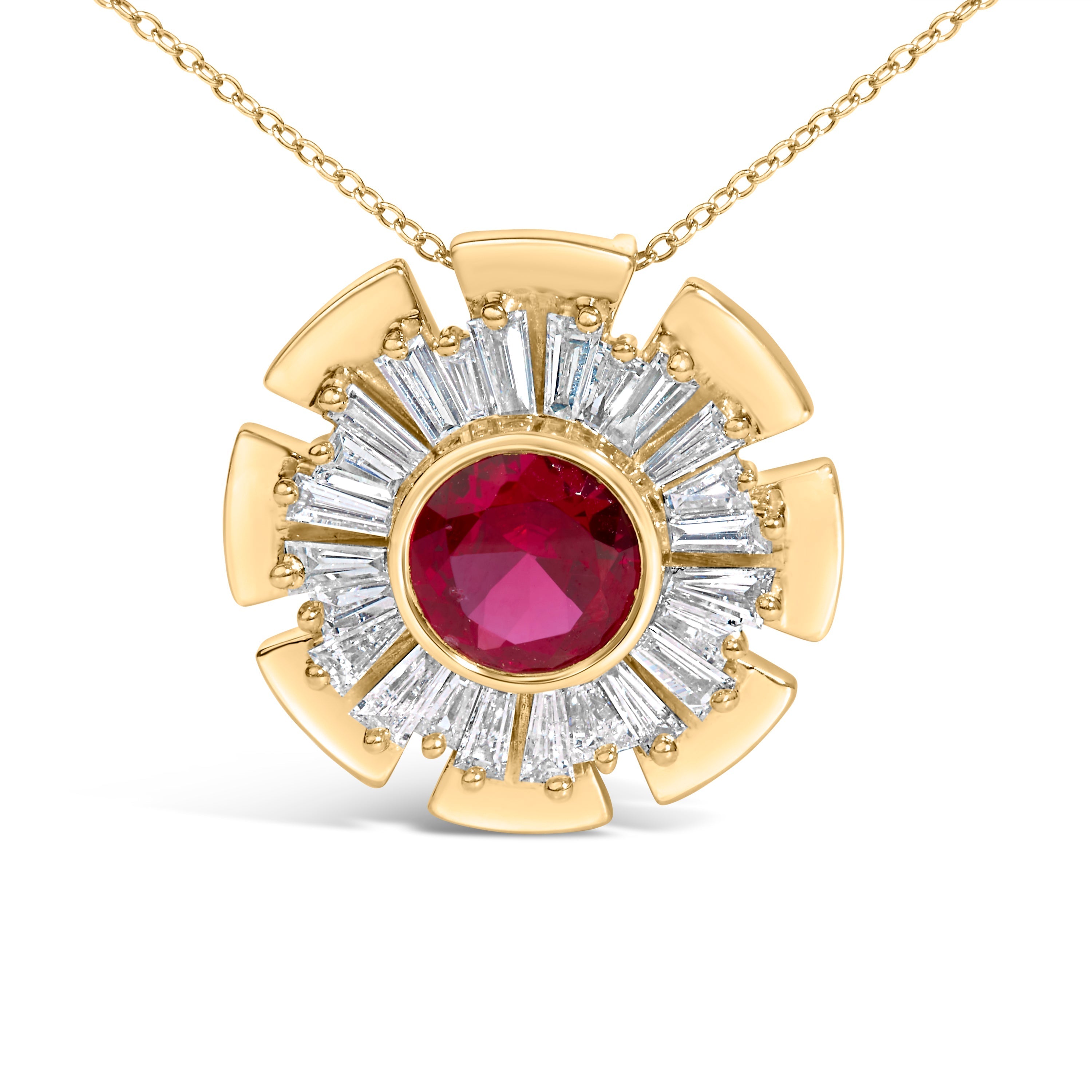 14K Yellow Gold Plated Silver Created Red Ruby and Diamond Baguette Medallion Pendant Necklace DestGlow