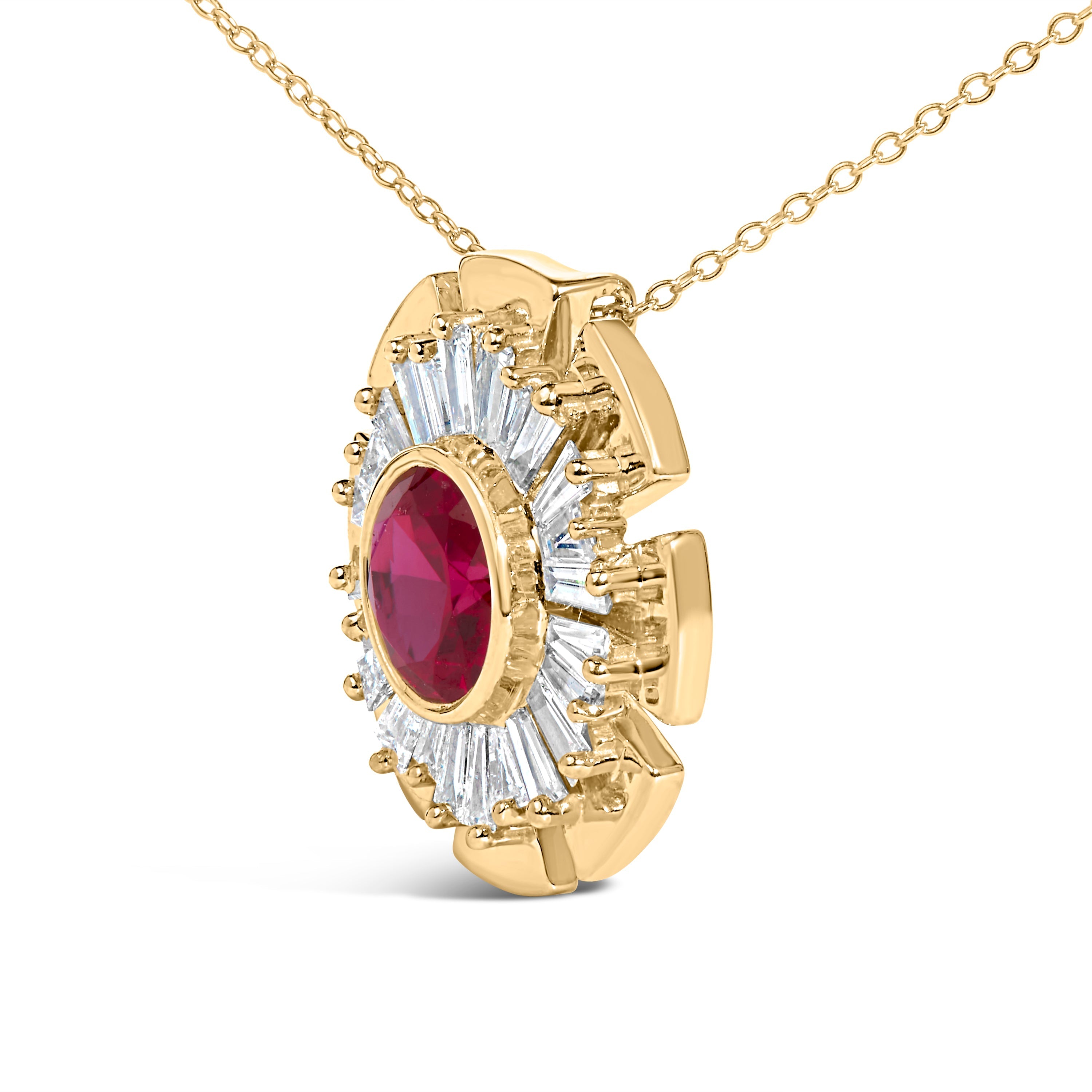 14K Yellow Gold Plated Silver Created Red Ruby and Diamond Baguette Medallion Pendant Necklace DestGlow