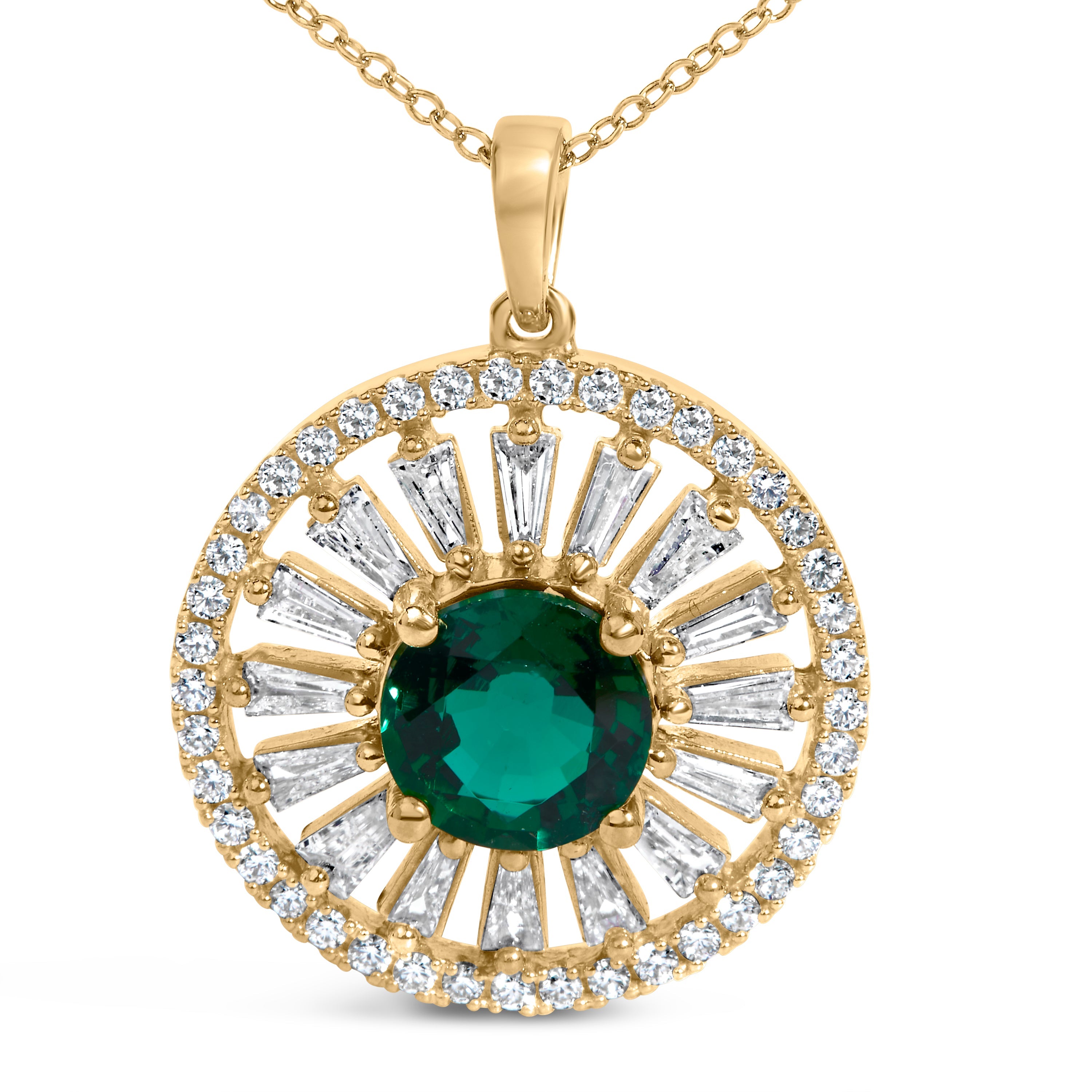 14K Yellow Gold Plated Sterling Silver Lab Grown Emerald and Diamond Sunburst Medallion Pendant Necklace DestGlow