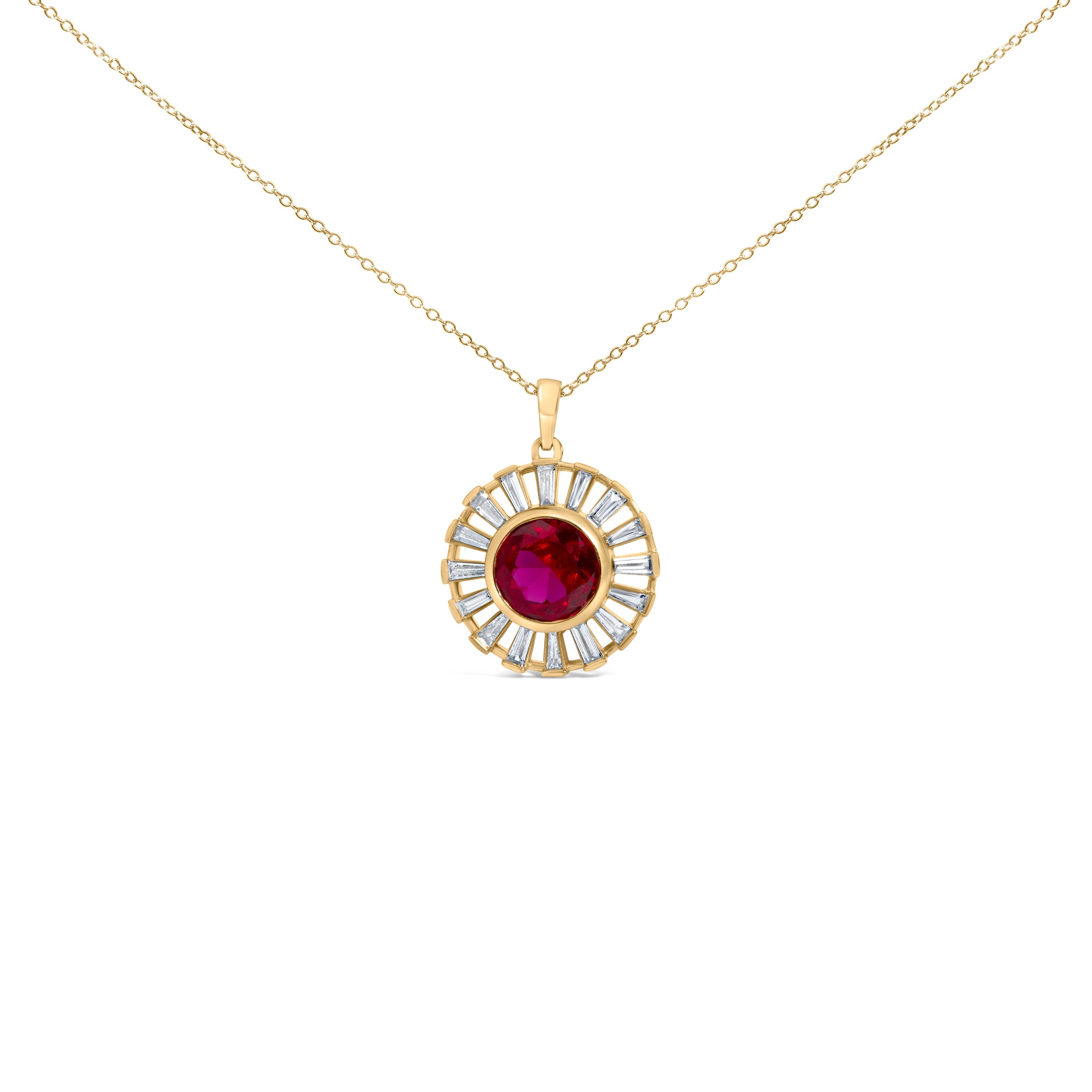 14K Yellow Gold Plated Silver Created Red Ruby and Baguette Diamond Sunburst Medallion Pendant Necklace DestGlow