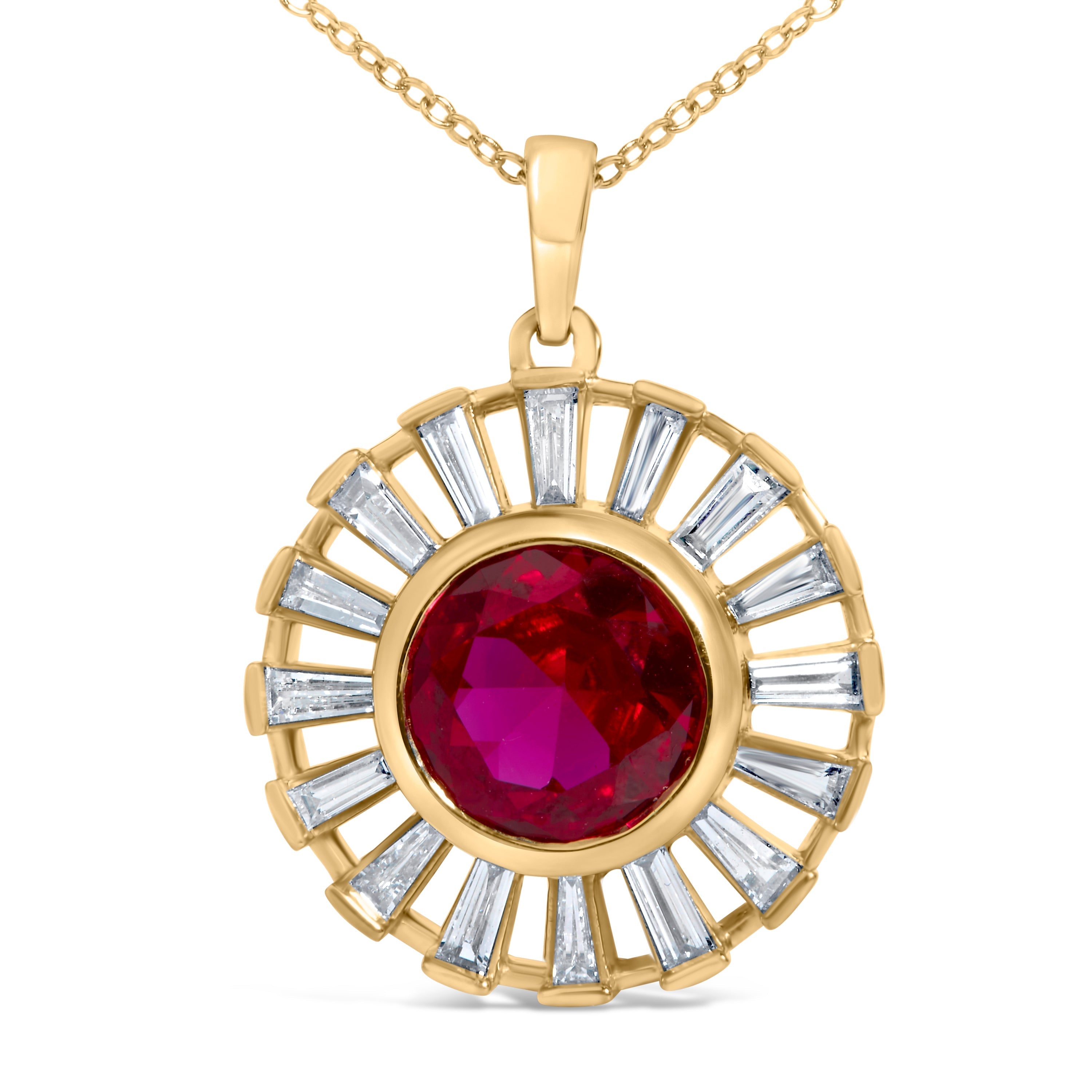 14K Yellow Gold Plated Silver Created Red Ruby and Baguette Diamond Sunburst Medallion Pendant Necklace DestGlow
