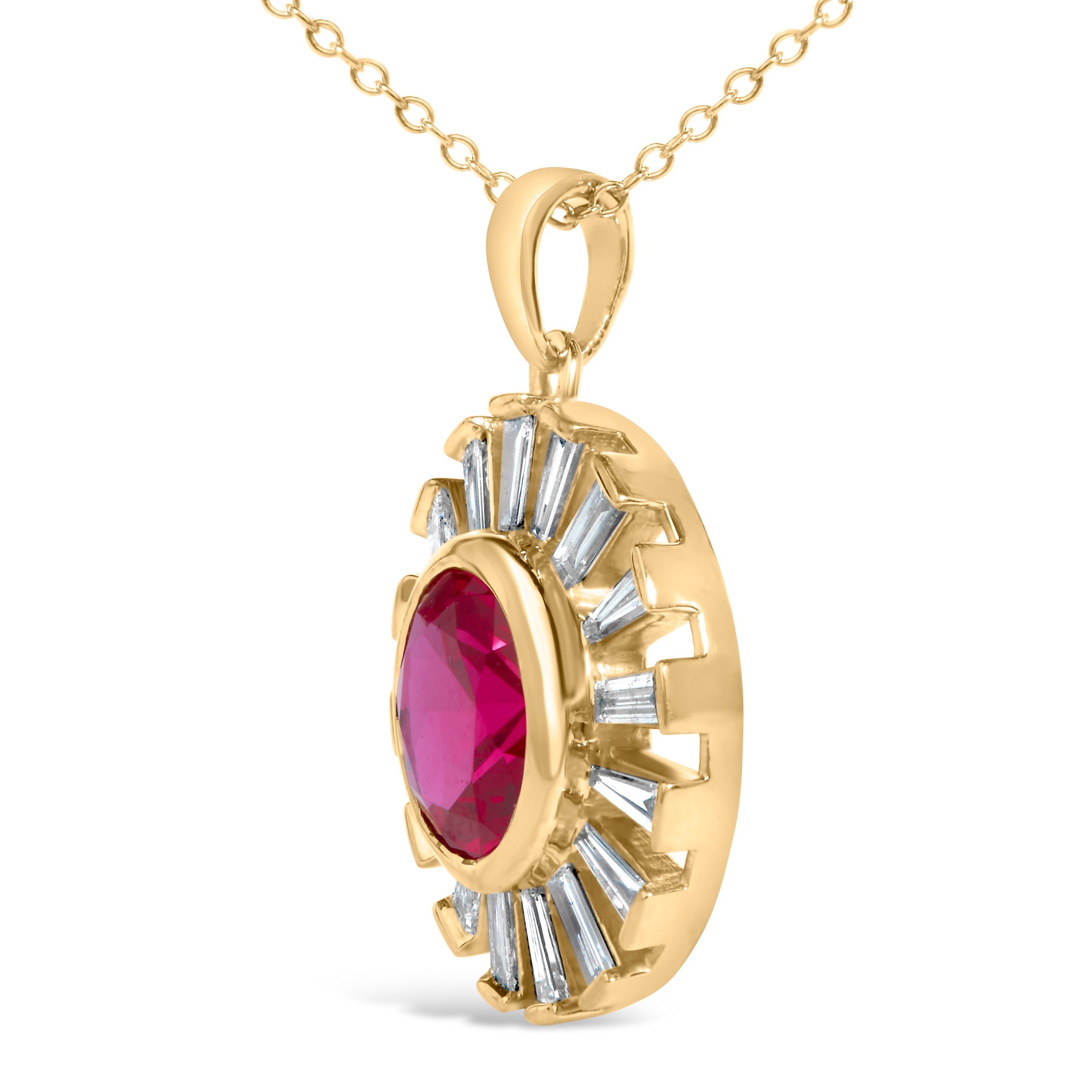 14K Yellow Gold Plated Silver Created Red Ruby and Baguette Diamond Sunburst Medallion Pendant Necklace DestGlow