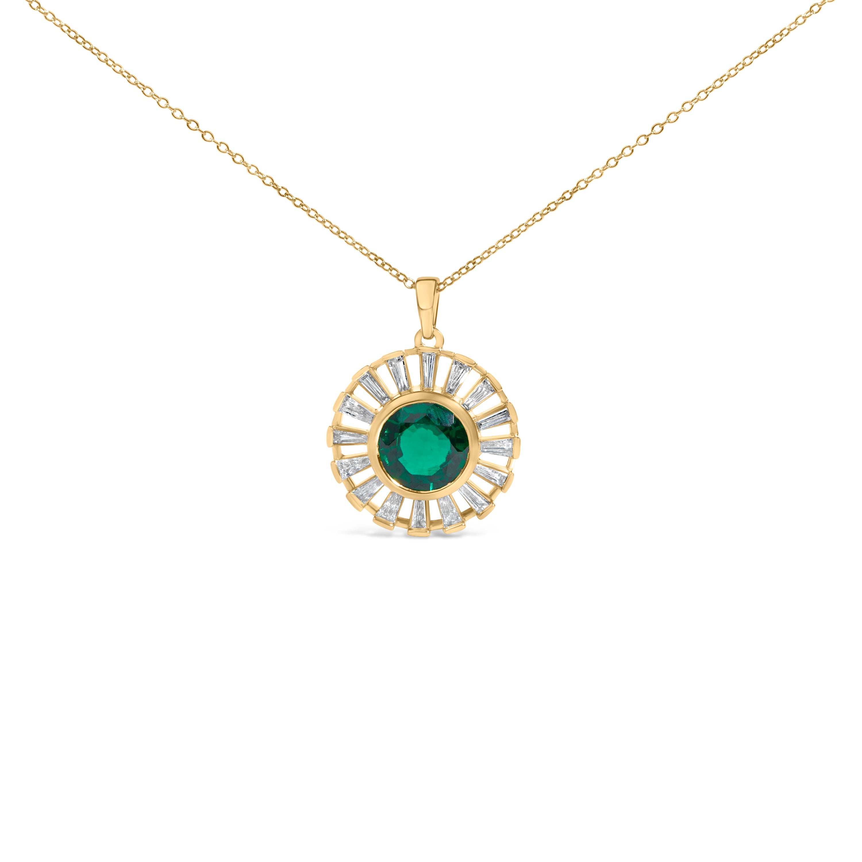 14K Yellow Gold Plated Sterling Silver Lab Grown Emerald and Baguette Diamond Sunburst Medallion Pendant Necklace DestGlow