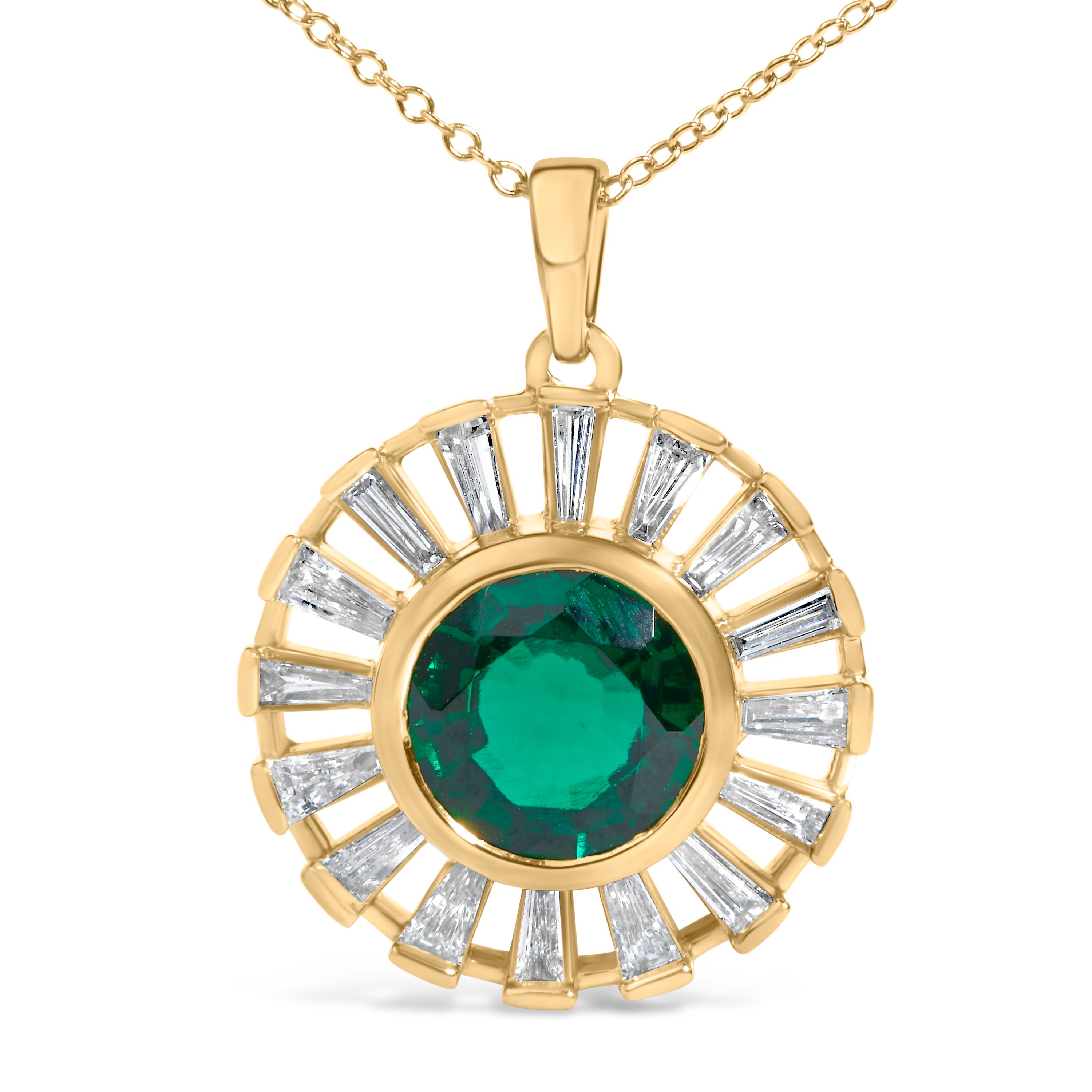 14K Yellow Gold Plated Sterling Silver Lab Grown Emerald and Baguette Diamond Sunburst Medallion Pendant Necklace DestGlow