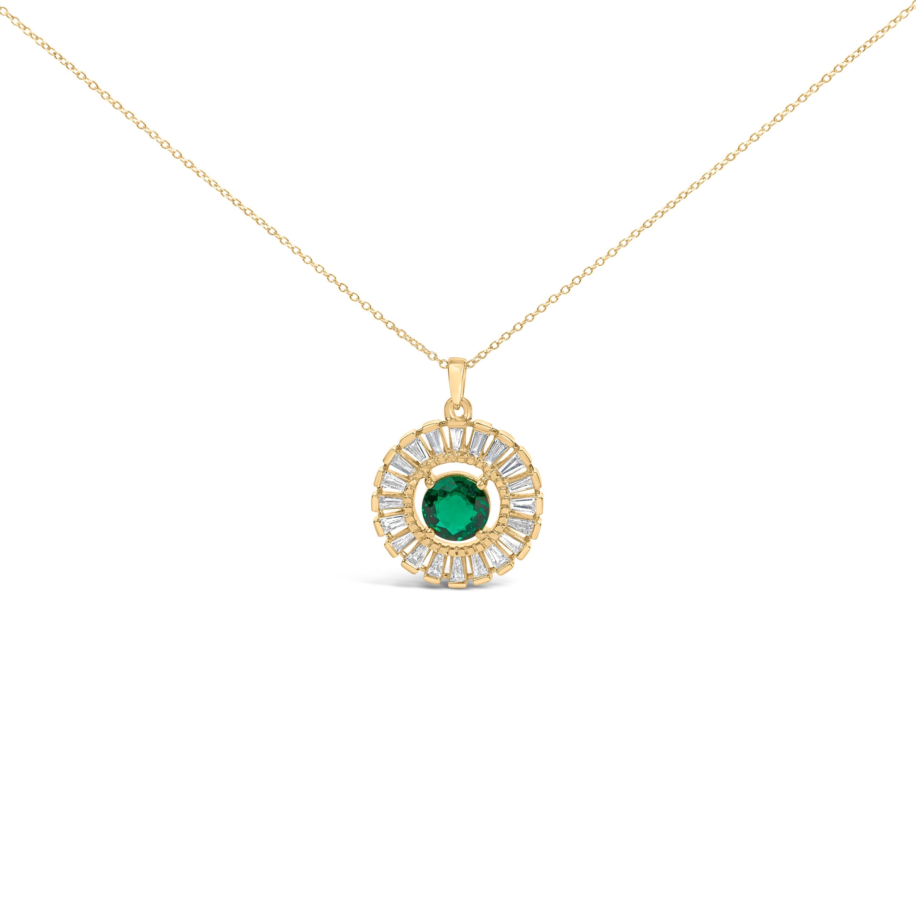 14K Yellow Gold Plated Silver Lab Grown Emerald and Diamond Sunburst Medallion Pendant Necklace