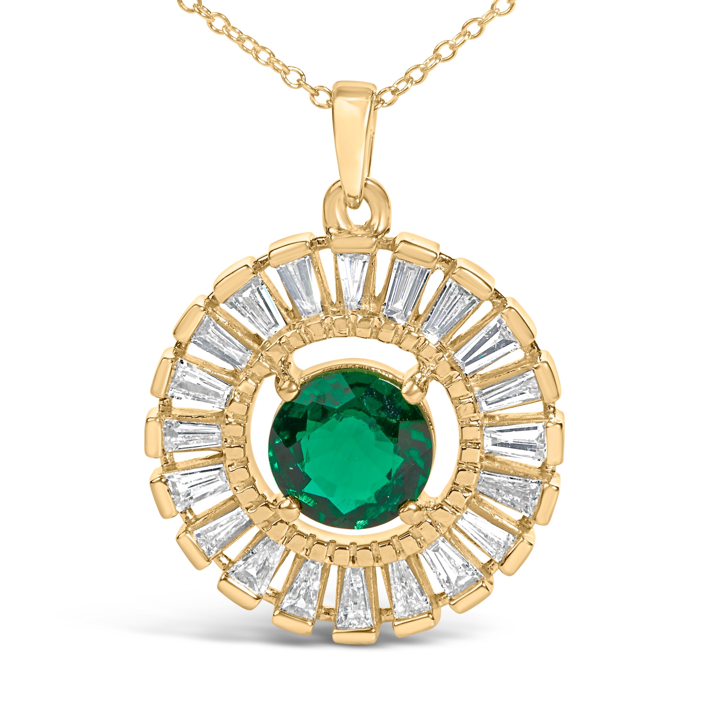 14K Yellow Gold Plated Silver Lab Grown Emerald and Diamond Sunburst Medallion Pendant Necklace DestGlow