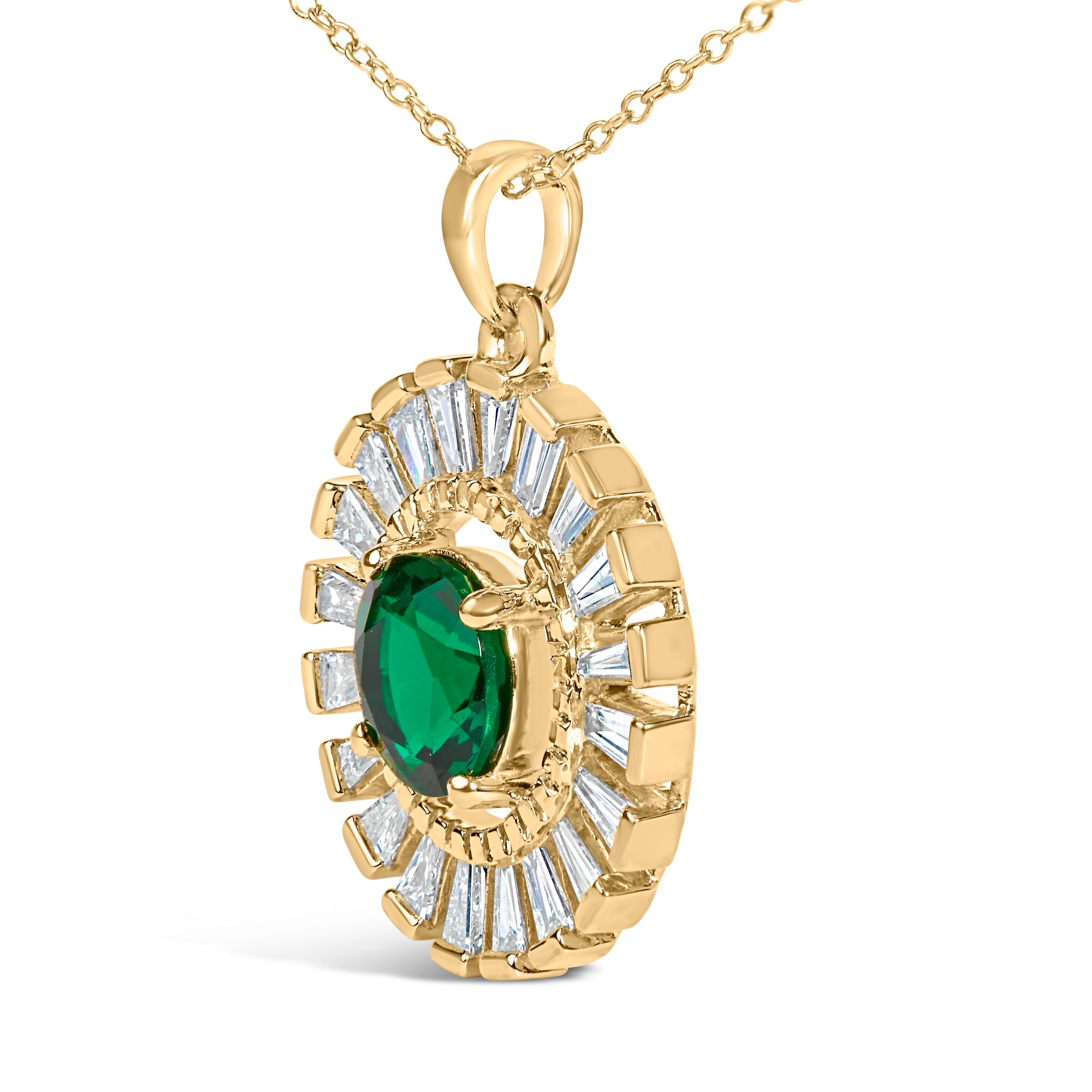 14K Yellow Gold Plated Silver Lab Grown Emerald and Diamond Sunburst Medallion Pendant Necklace DestGlow