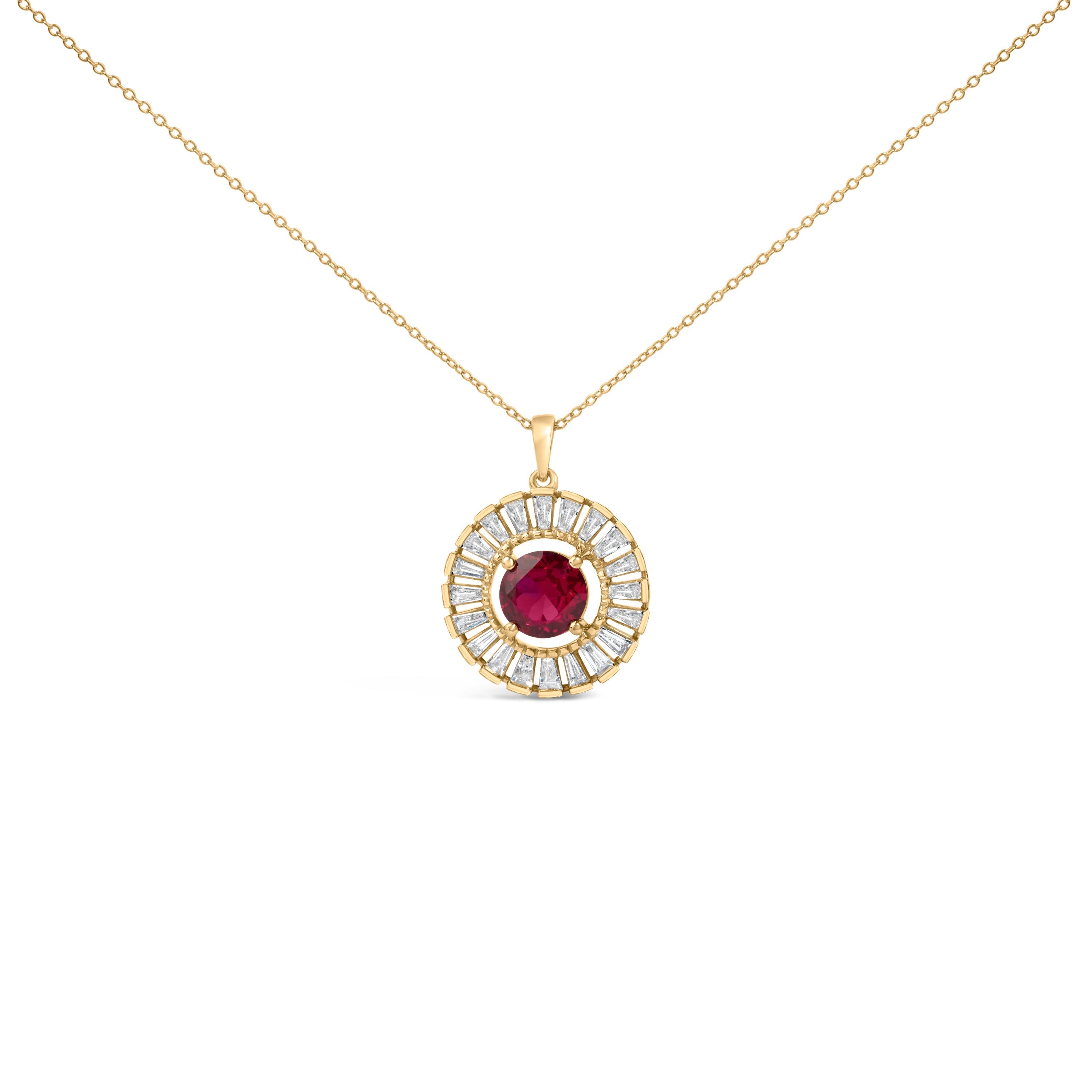 14K Yellow Gold Plated Sterling Silver Lab Grown Ruby and Diamond Medallion Pendant Necklace DestGlow