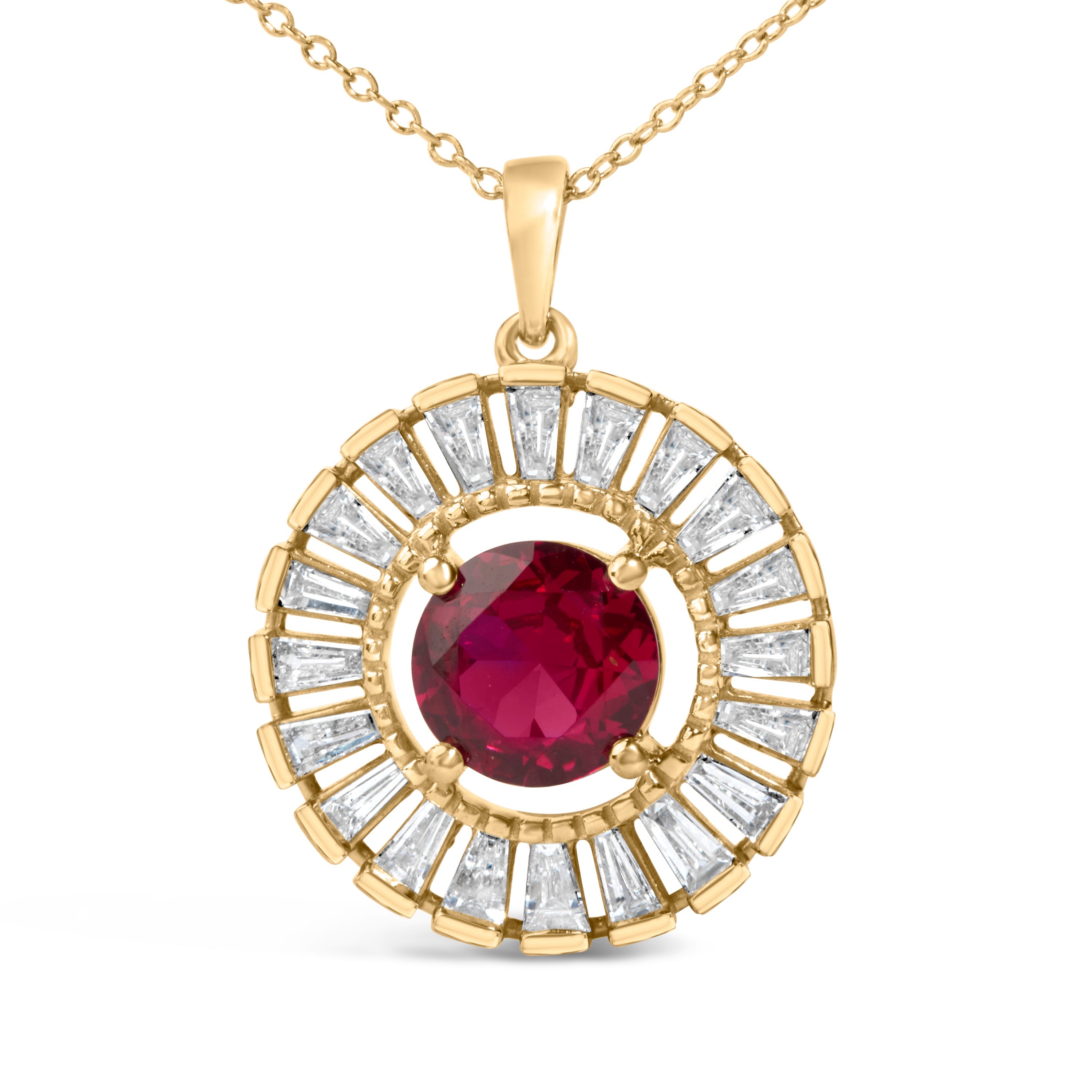 14K Yellow Gold Plated Sterling Silver Lab Grown Ruby and Diamond Medallion Pendant Necklace DestGlow
