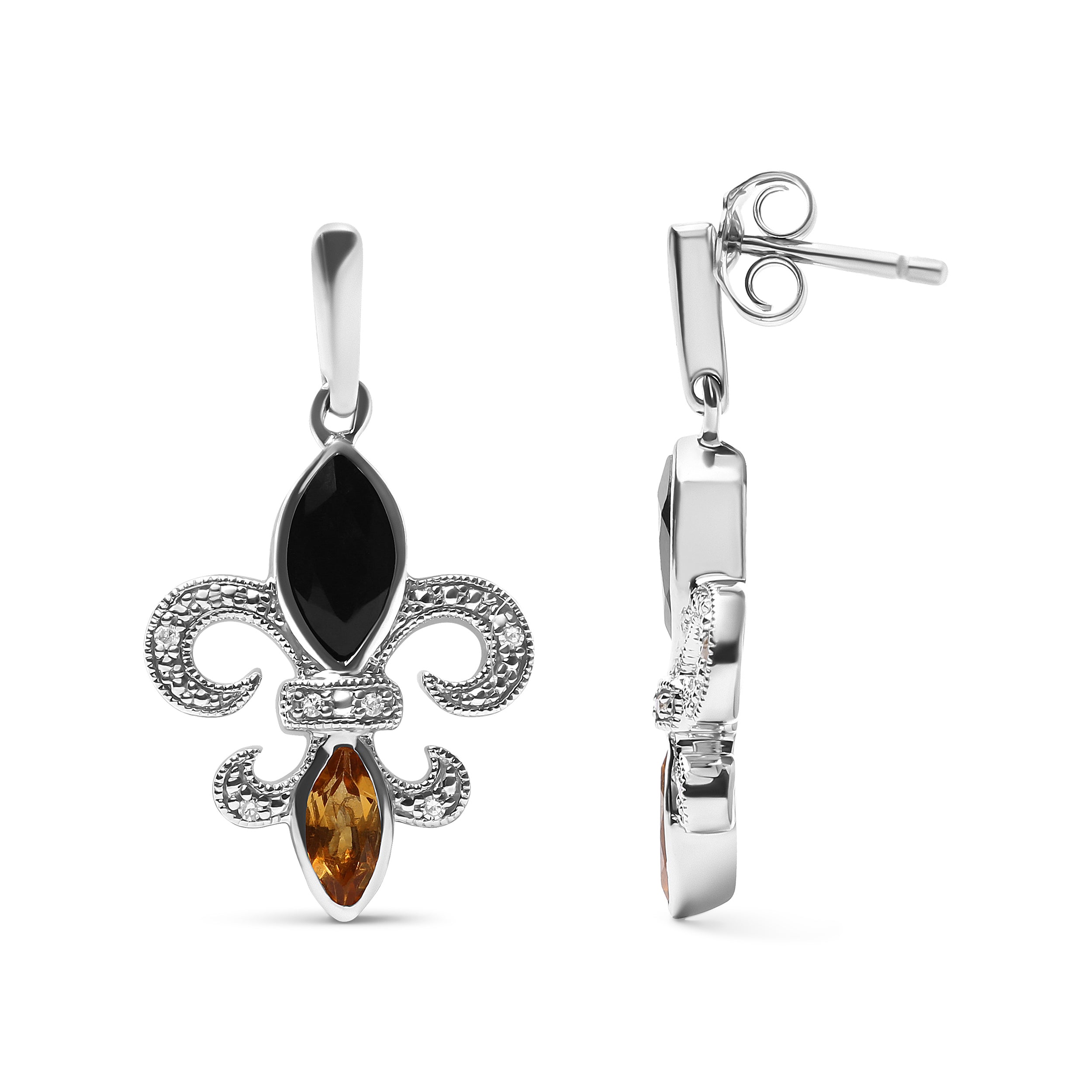 .925 Sterling Silver Marquise Cut Onyx and Citrine with Diamond Accent Fleur De Lis Drop Stud Earrings (H-I Color, SI1-SI2 Clarity) DestGlow
