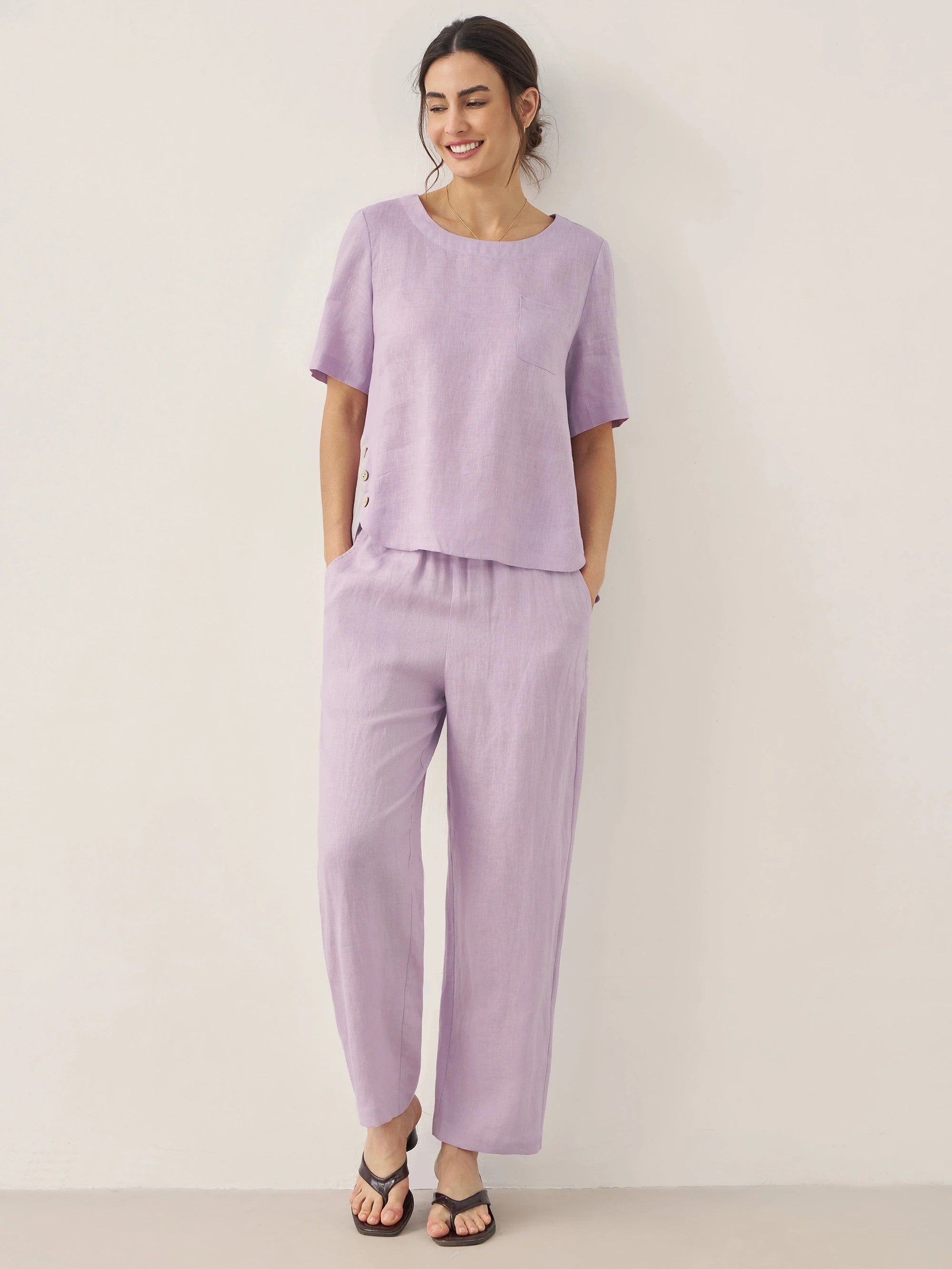100% Linen Short-Sleeve Round Neck Button Detail Top & Pants Set SASHA by LINTICO