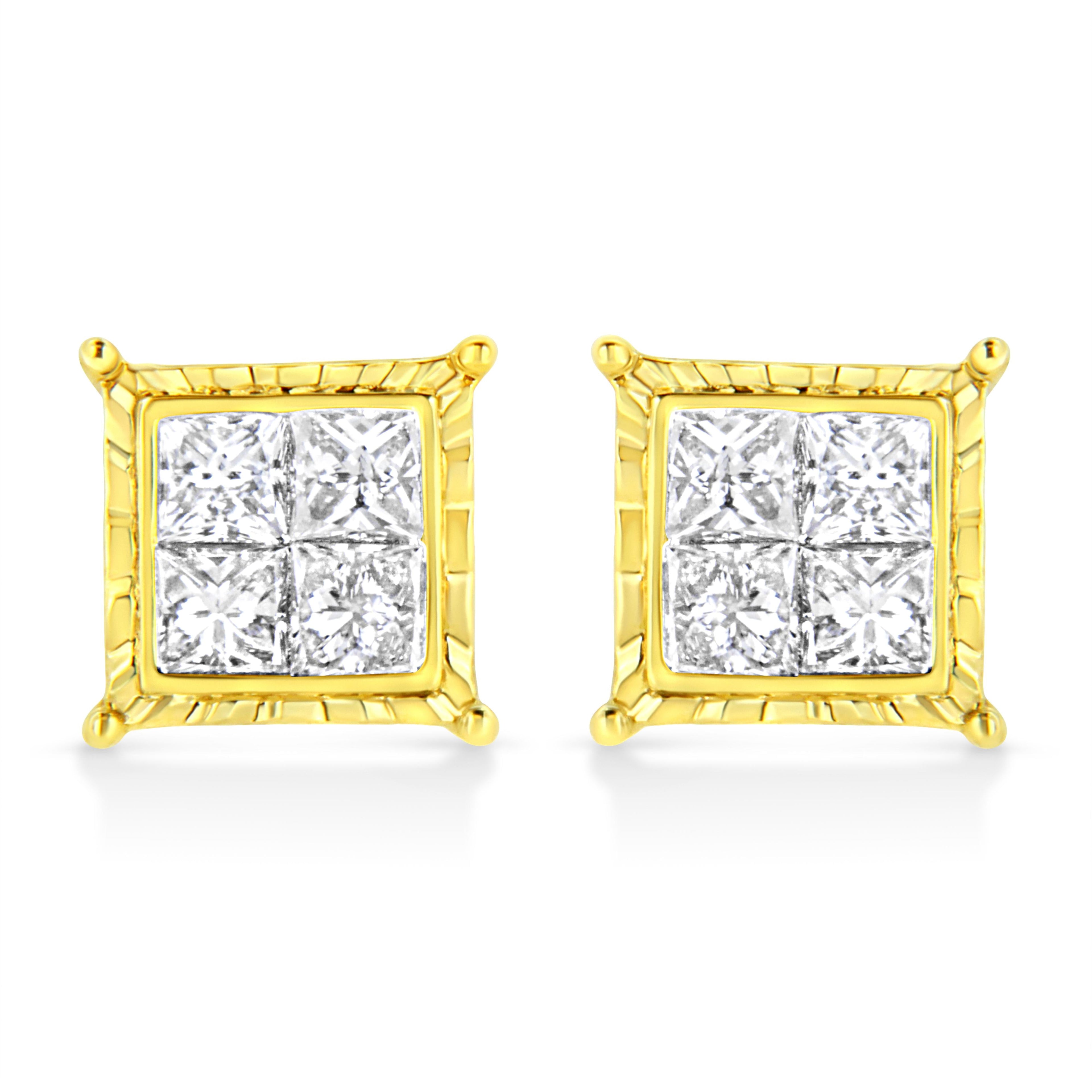 14K Yellow Gold 1.0 Cttw Invisible Set Princess-Cut Diamond Composite 8 Stone Stud Earrings (I-J Color, SI1-SI2 Clarity) by Bids.com