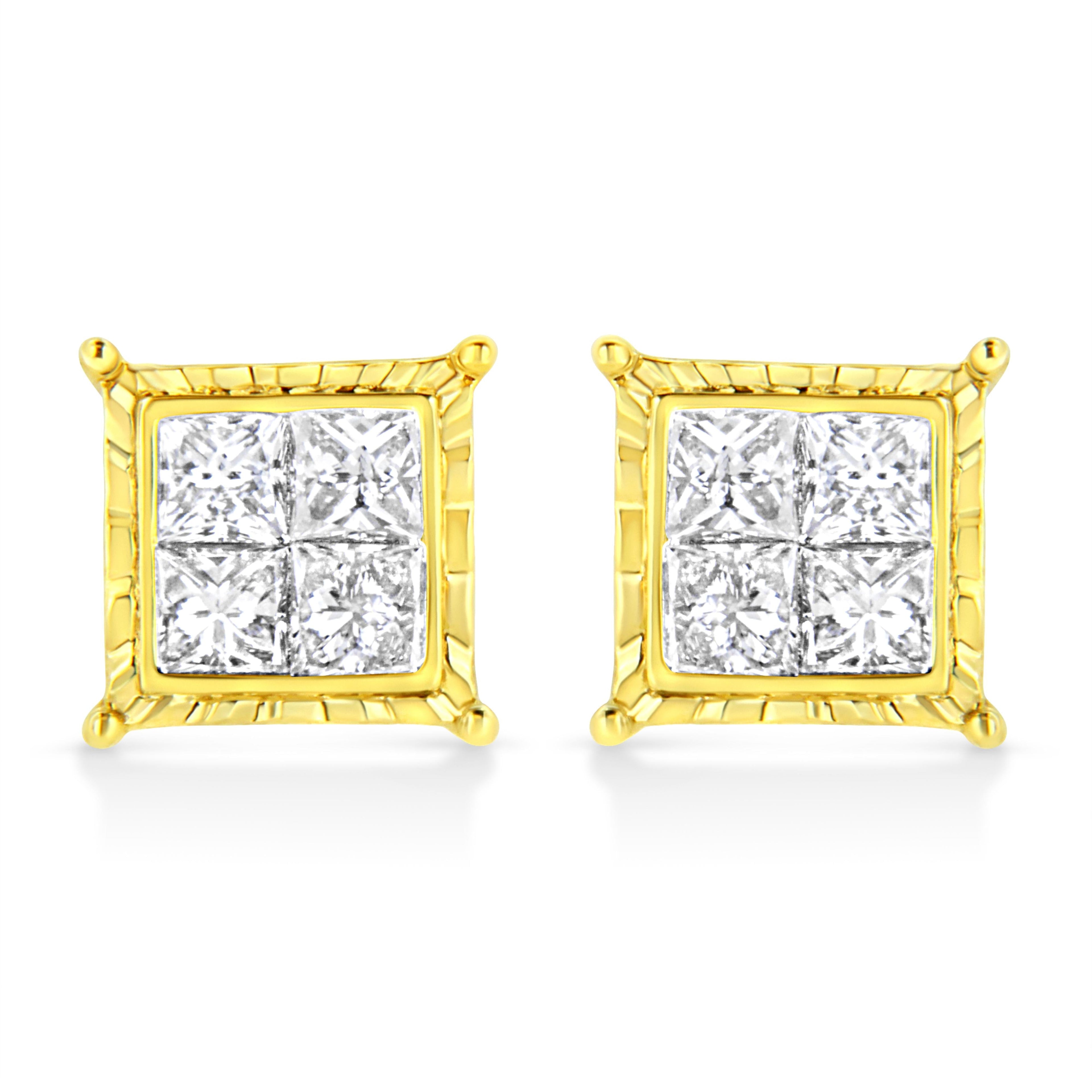 14K Yellow Gold 1 Cttw Princess Cut Diamond Square Stud Earrings