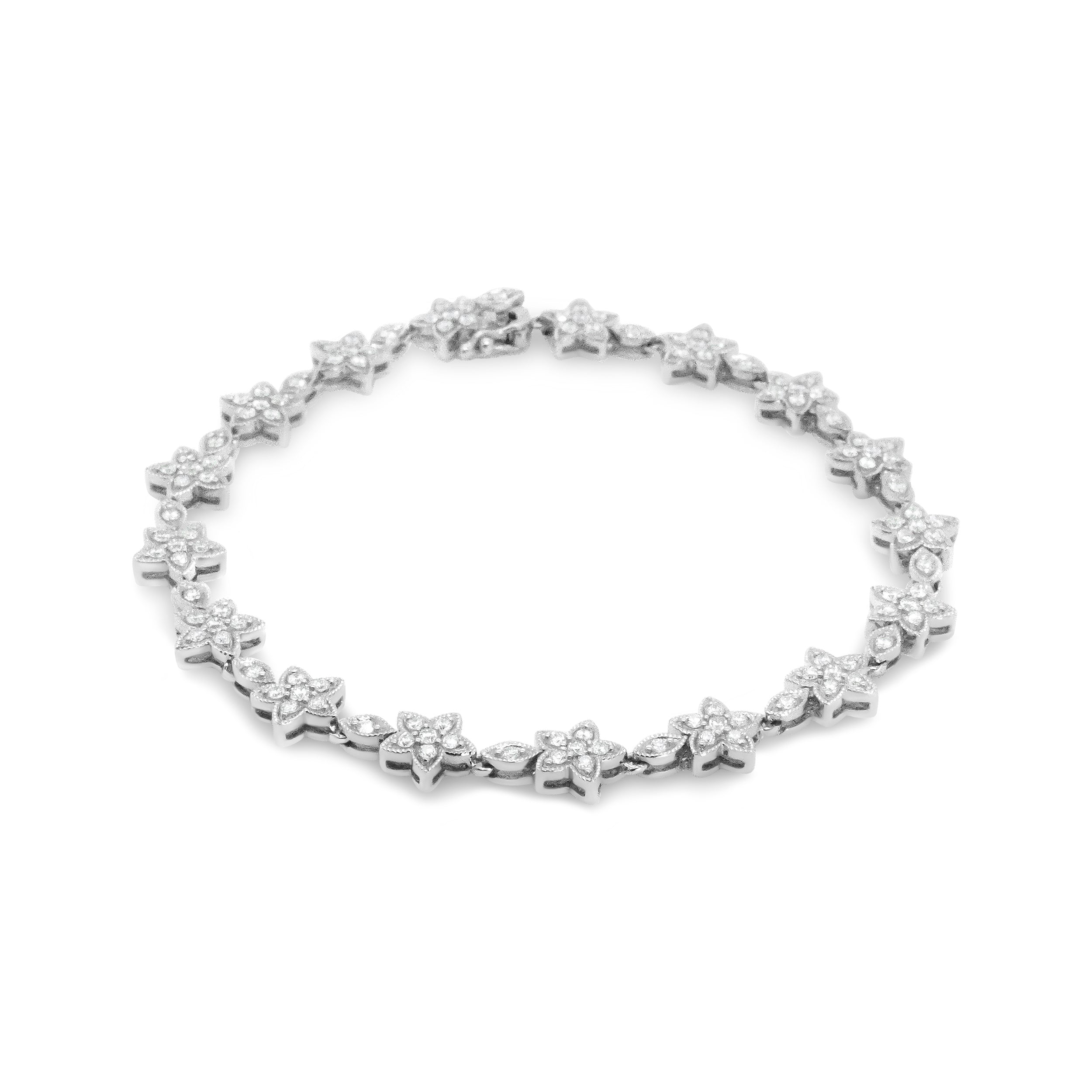 14K White Gold 1 1/5 Cttw Round Diamond Flower Blossom Link Bracelet (H-I Color, SI1-SI2 Clarity) - Size 7" DestGlow