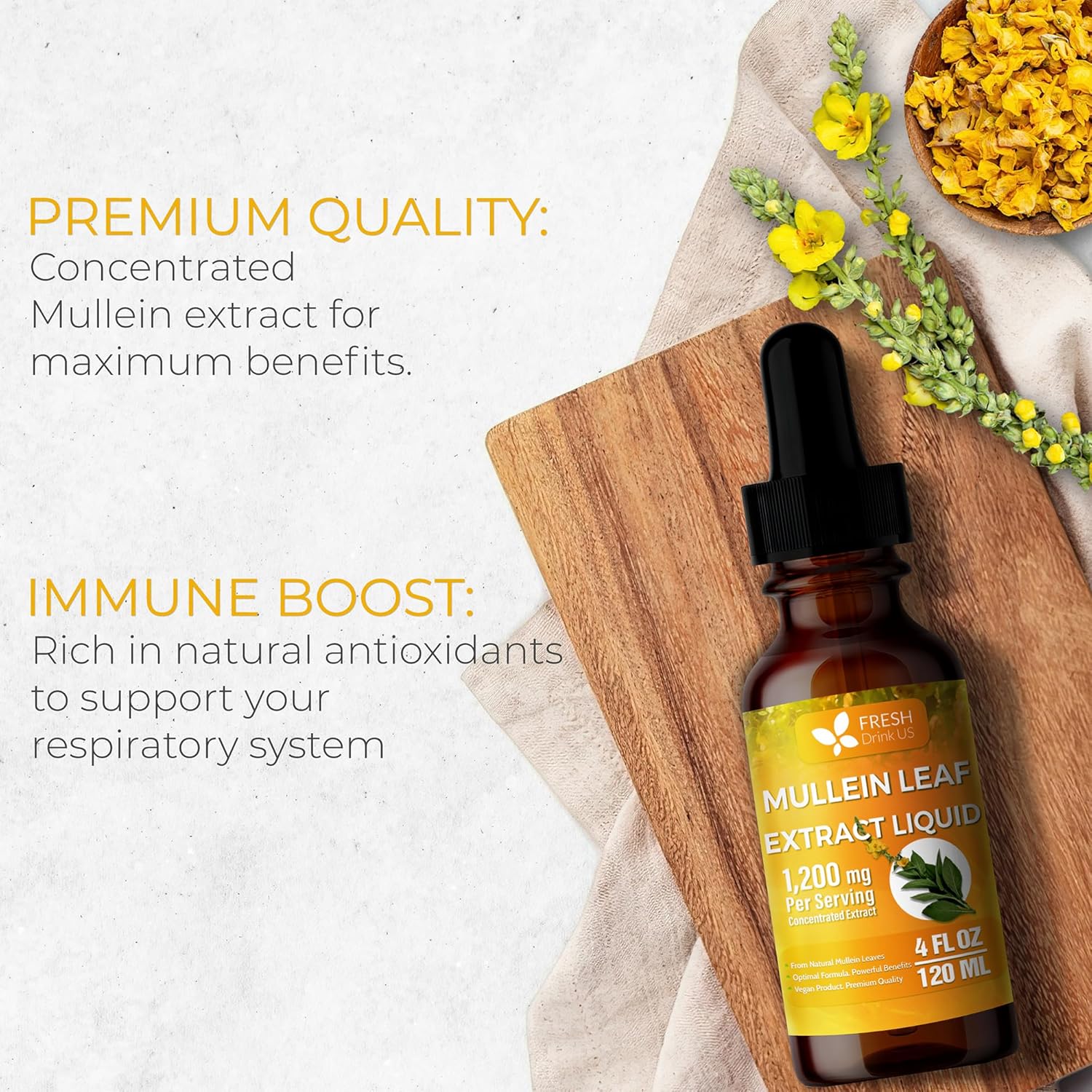 Mullein Drops for Lungs Cleanse Support, Mullein Extract Liquid – 100% from Natural Mullein Leaves, Non-GMO, Gluten-Free by FreshDrinkUS - Natural and Premium Herbal Tea