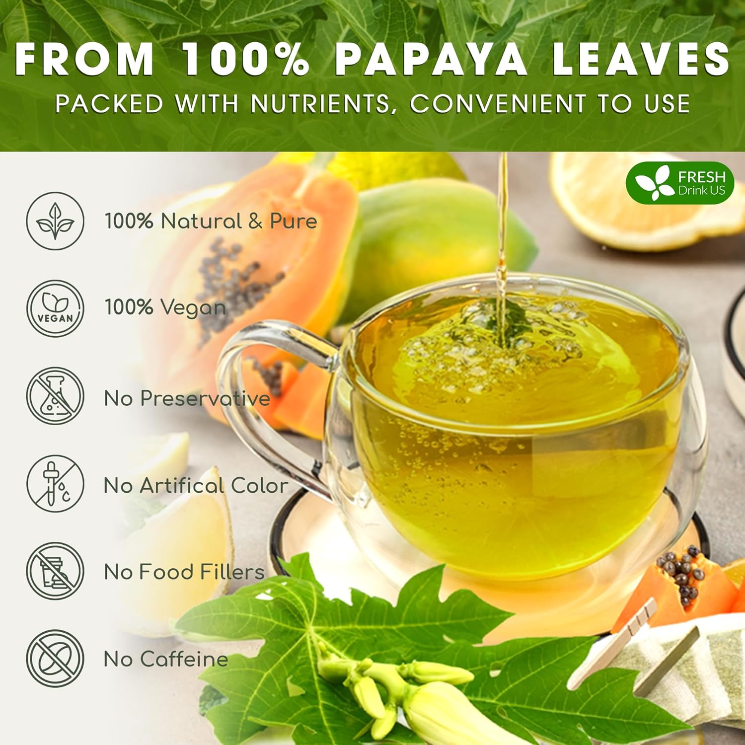 Premium Papaya Leaf Tea Bags, Made with Natural Material Tea Bags. No Sugar, No Caffeine, No Gluten, Vegan. by FreshDrinkUS - Natural and Premium Herbal Tea