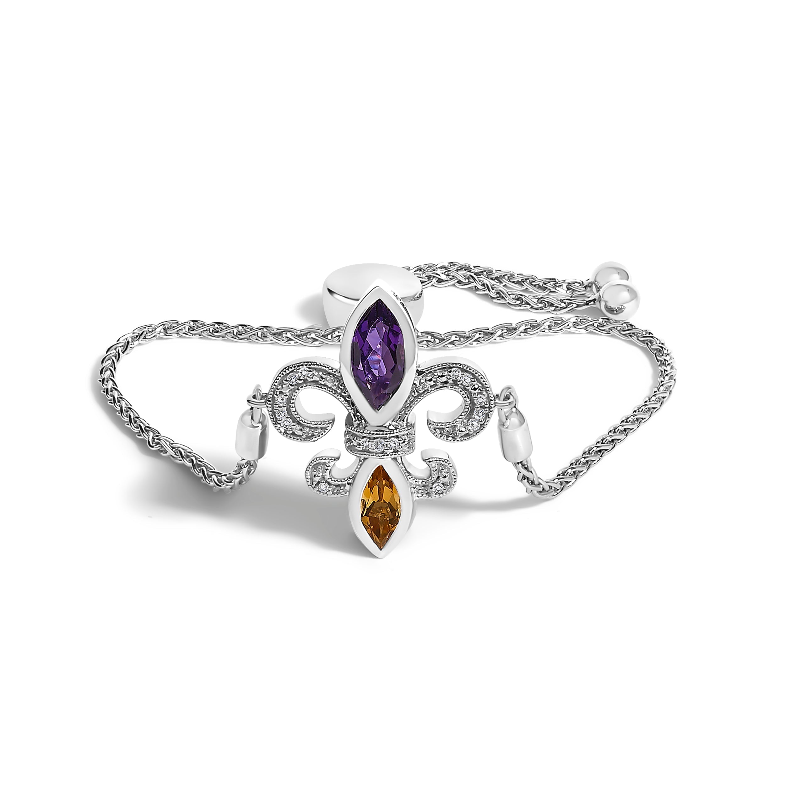 .925 Sterling Silver Marquise Purple Amethyst, Orange Citrine, and Diamond Accent Lariat 4â€-10†Fleur De Lis Adjustable Bolo Bracelet (I-J Color, I1-I2 Clarity) DestGlow
