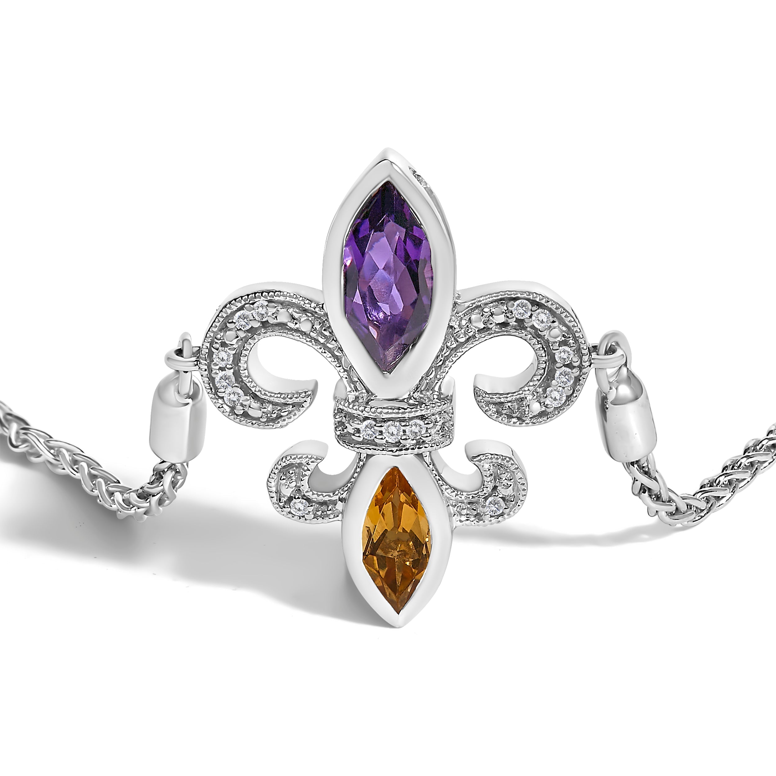 .925 Sterling Silver Marquise Purple Amethyst, Orange Citrine, and Diamond Accent Lariat 4â€-10†Fleur De Lis Adjustable Bolo Bracelet (I-J Color, I1-I2 Clarity) DestGlow