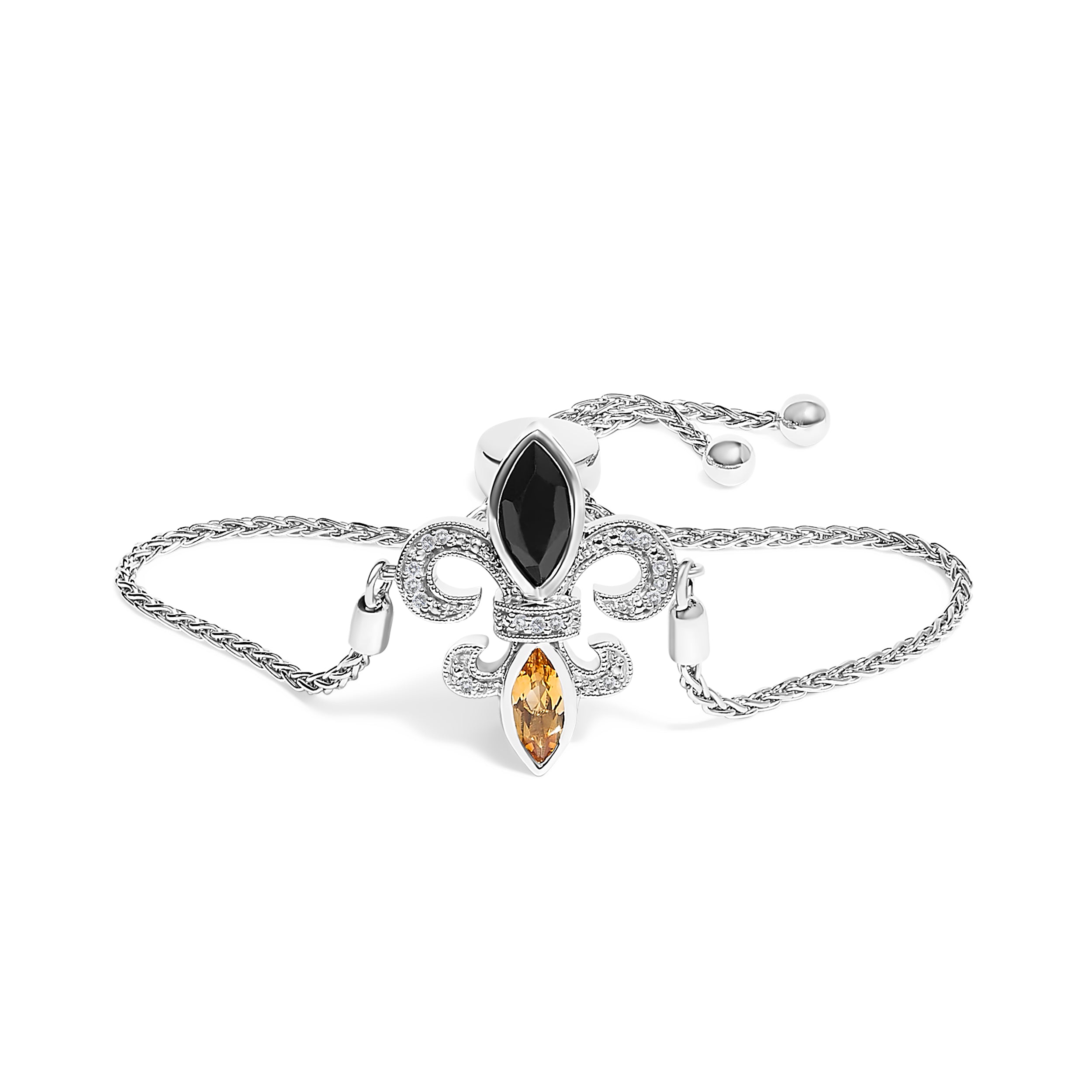 .925 Sterling Silver Marquise Black Onyx, Orange Citrine, and Diamond Accent Lariat 4â€-10†Fleur De Lis Adjustable Bolo Bracelet (I-J Color, I1-I2 Clarity) - 7" DestGlow