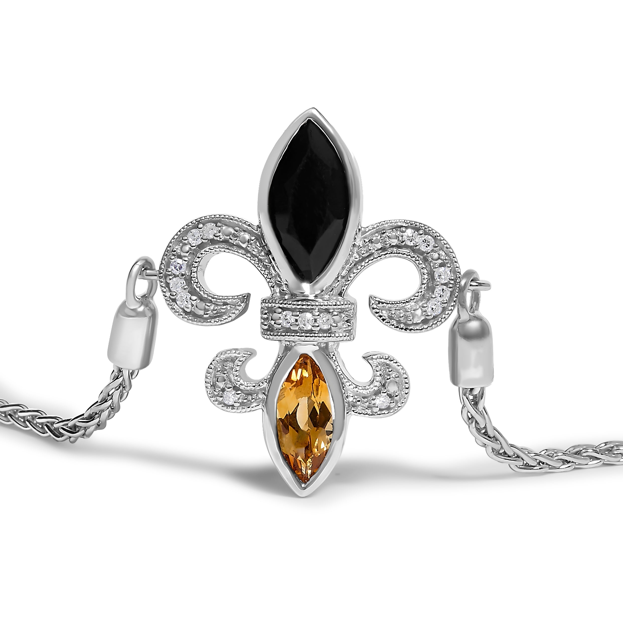 .925 Sterling Silver Marquise Black Onyx, Orange Citrine, and Diamond Accent Lariat 4â€-10†Fleur De Lis Adjustable Bolo Bracelet (I-J Color, I1-I2 Clarity) - 7" DestGlow