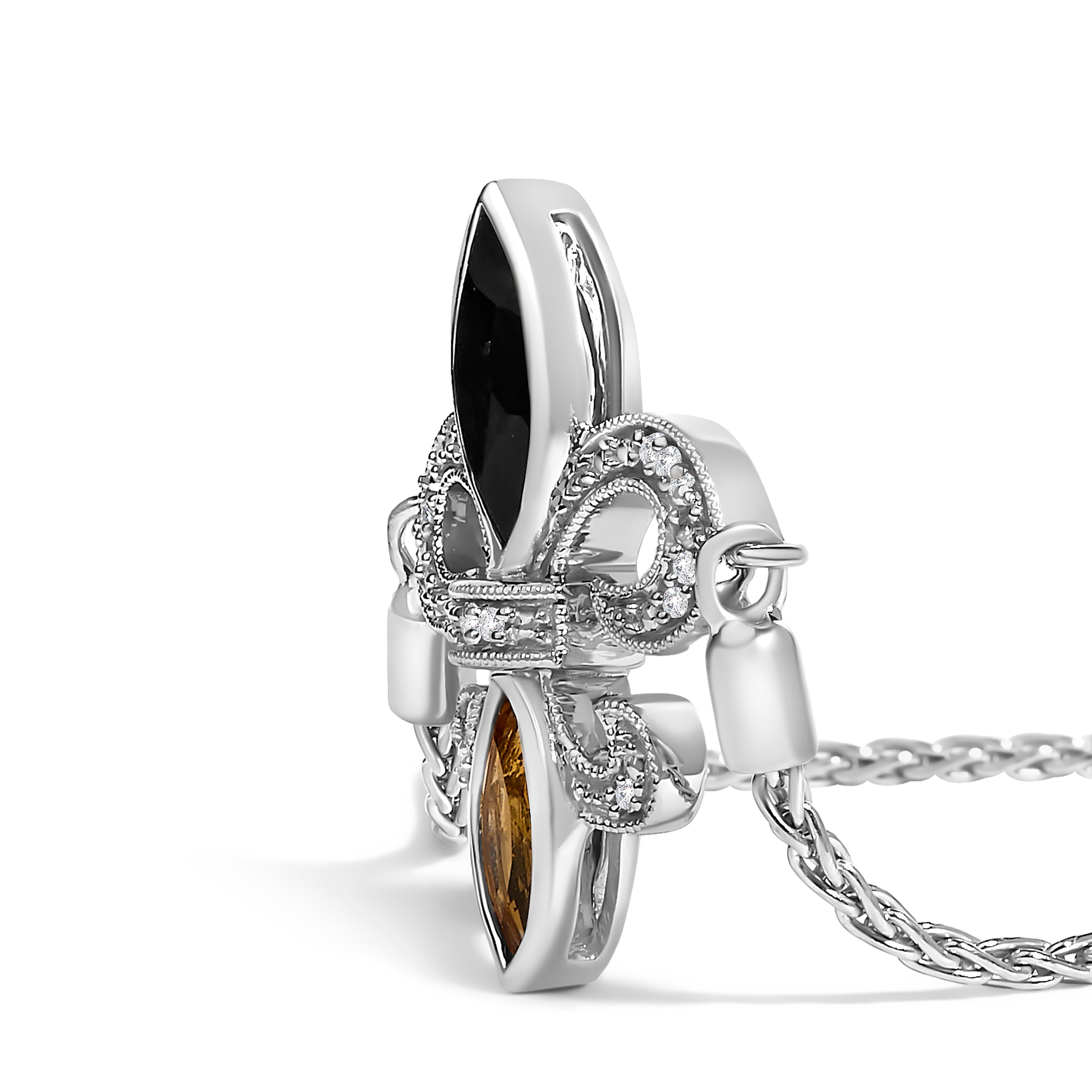 .925 Sterling Silver Marquise Black Onyx, Orange Citrine, and Diamond Accent Lariat 4â€-10†Fleur De Lis Adjustable Bolo Bracelet (I-J Color, I1-I2 Clarity) - 7" DestGlow