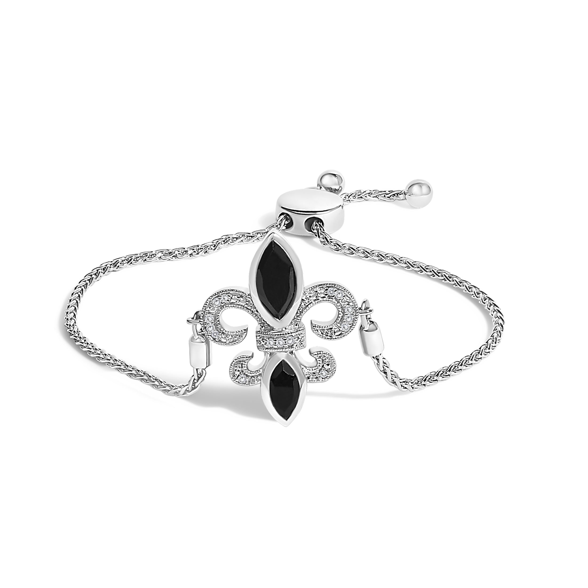 .925 Sterling Silver Marquise Black Onyx and Diamond Accent Lariat 4â€-10†Fleur De Lis Adjustable Bolo Bracelet (I-J Color, I1-I2 Clarity) DestGlow