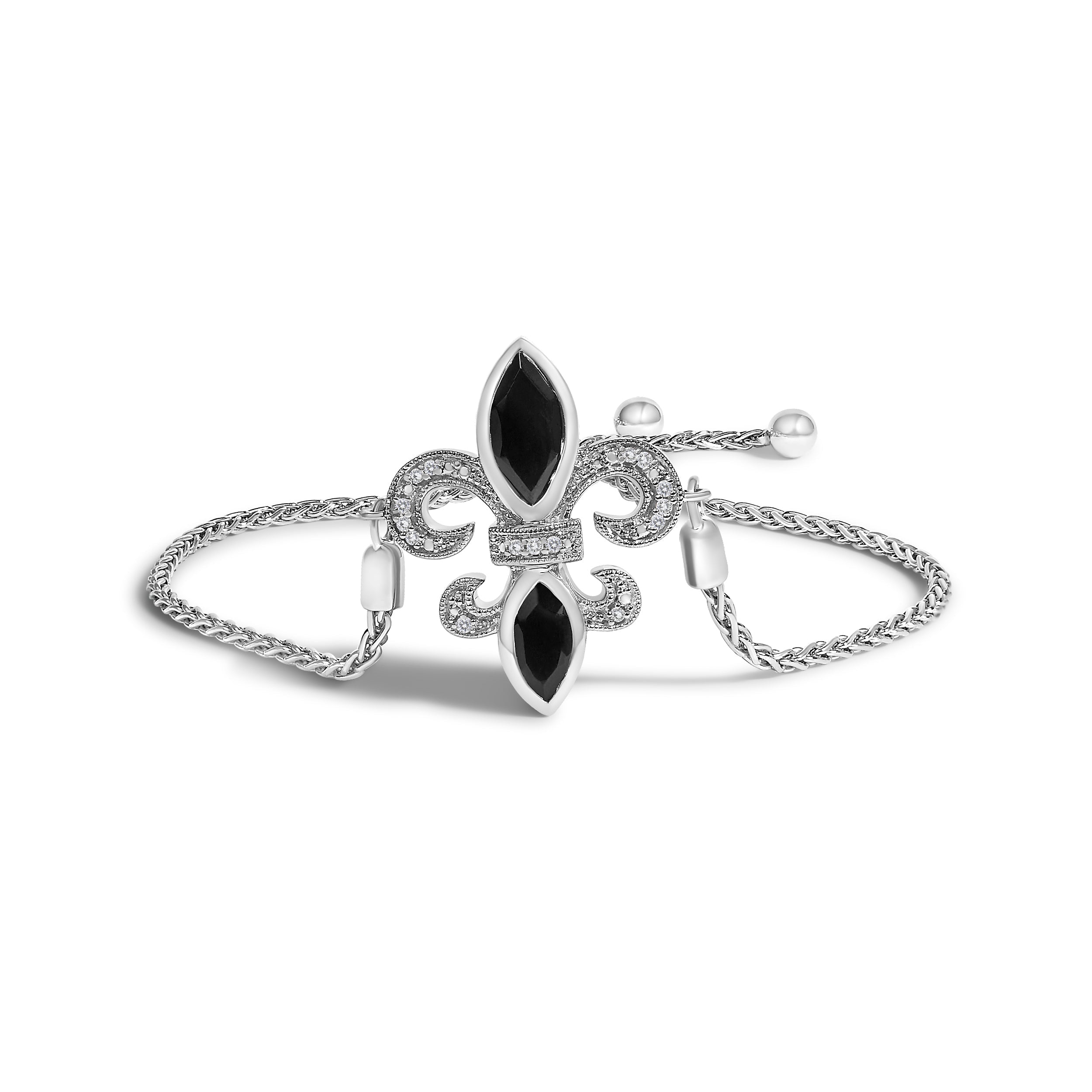 .925 Sterling Silver Marquise Black Onyx and Diamond Accent Lariat 4â€-10†Fleur De Lis Adjustable Bolo Bracelet (I-J Color, I1-I2 Clarity) DestGlow