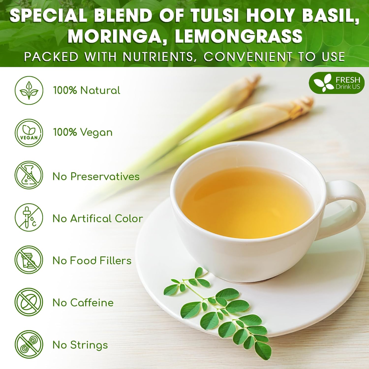 Premium Tulsi Moringa Lemongrass Tea Bags, 100% Natural & Pure from Tulsi Holy Basil Leaves, Moringa & Lemongrass. by FreshDrinkUS - Natural and Premium Herbal Tea